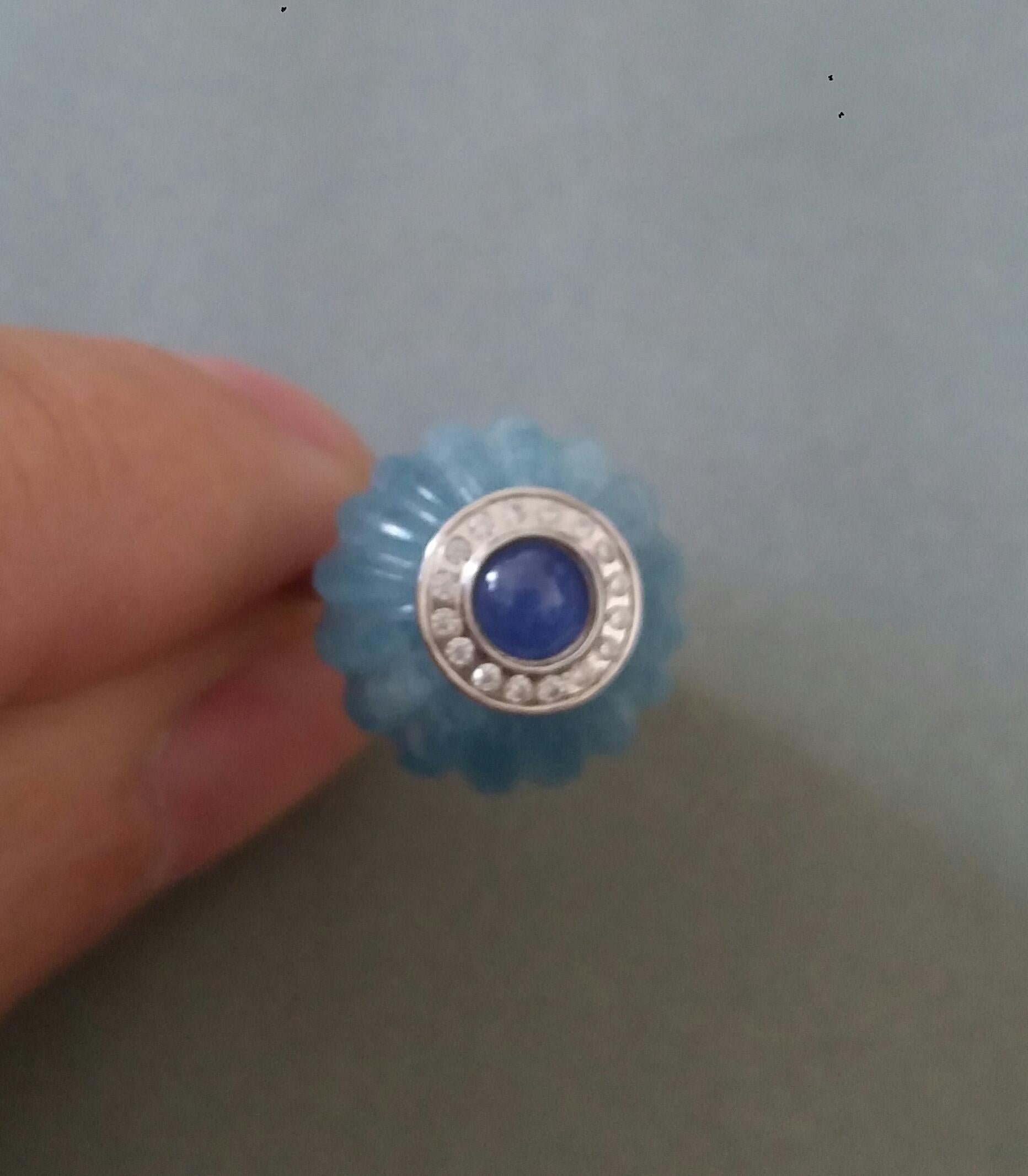Art Deco Style Aquamarine Carved Ball Blue Sapphire Gold Diamonds Cocktail Ring For Sale 6