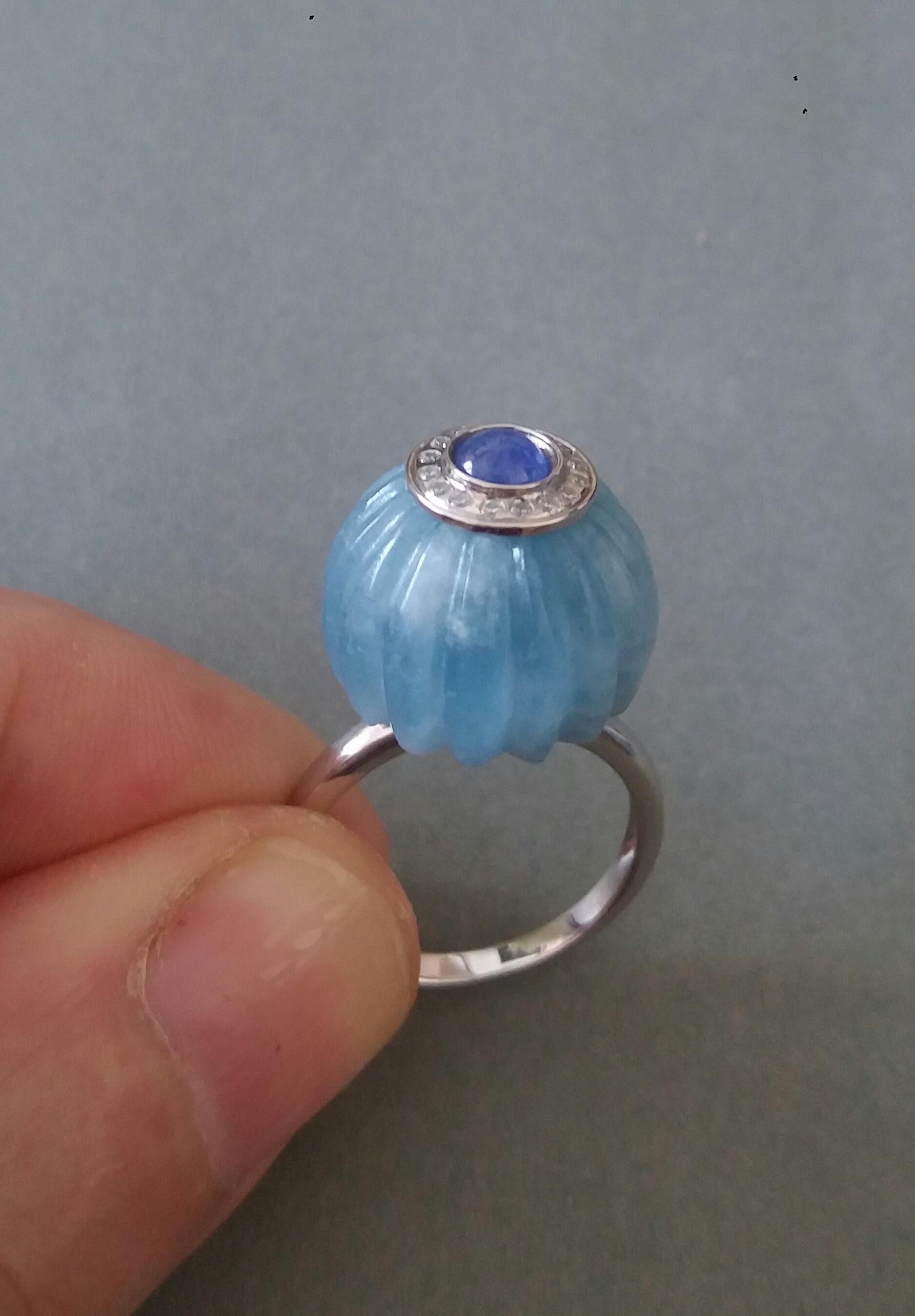 Art Deco Style Aquamarine Carved Ball Blue Sapphire Gold Diamonds Cocktail Ring For Sale 7