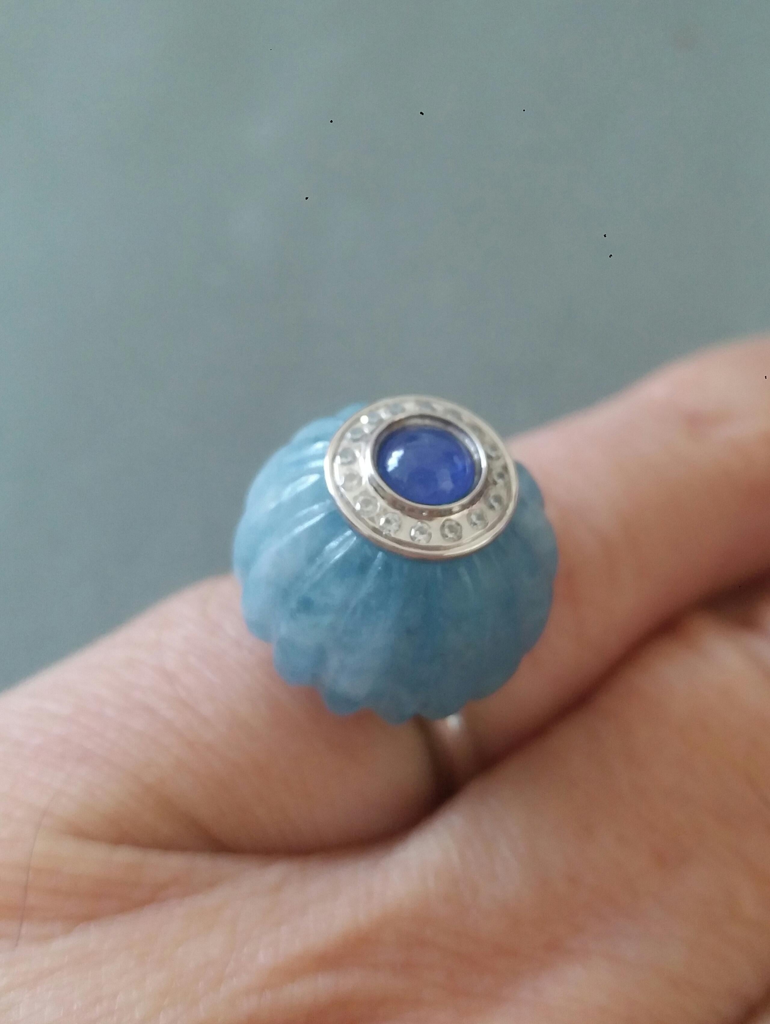 Art Deco Style Aquamarine Carved Ball Blue Sapphire Gold Diamonds Cocktail Ring For Sale 8