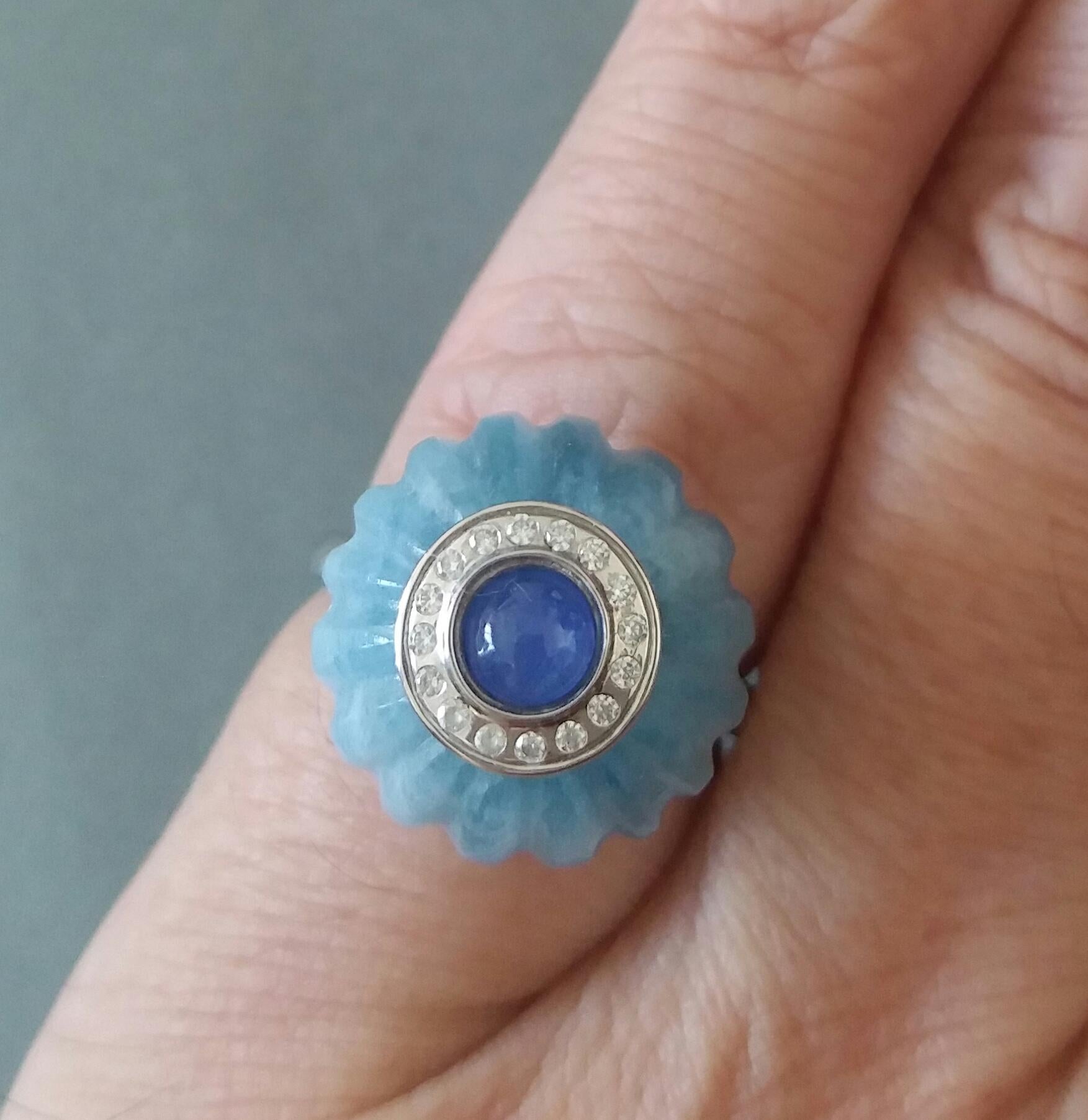 Art Deco Style Aquamarine Carved Ball Blue Sapphire Gold Diamonds Cocktail Ring For Sale 9
