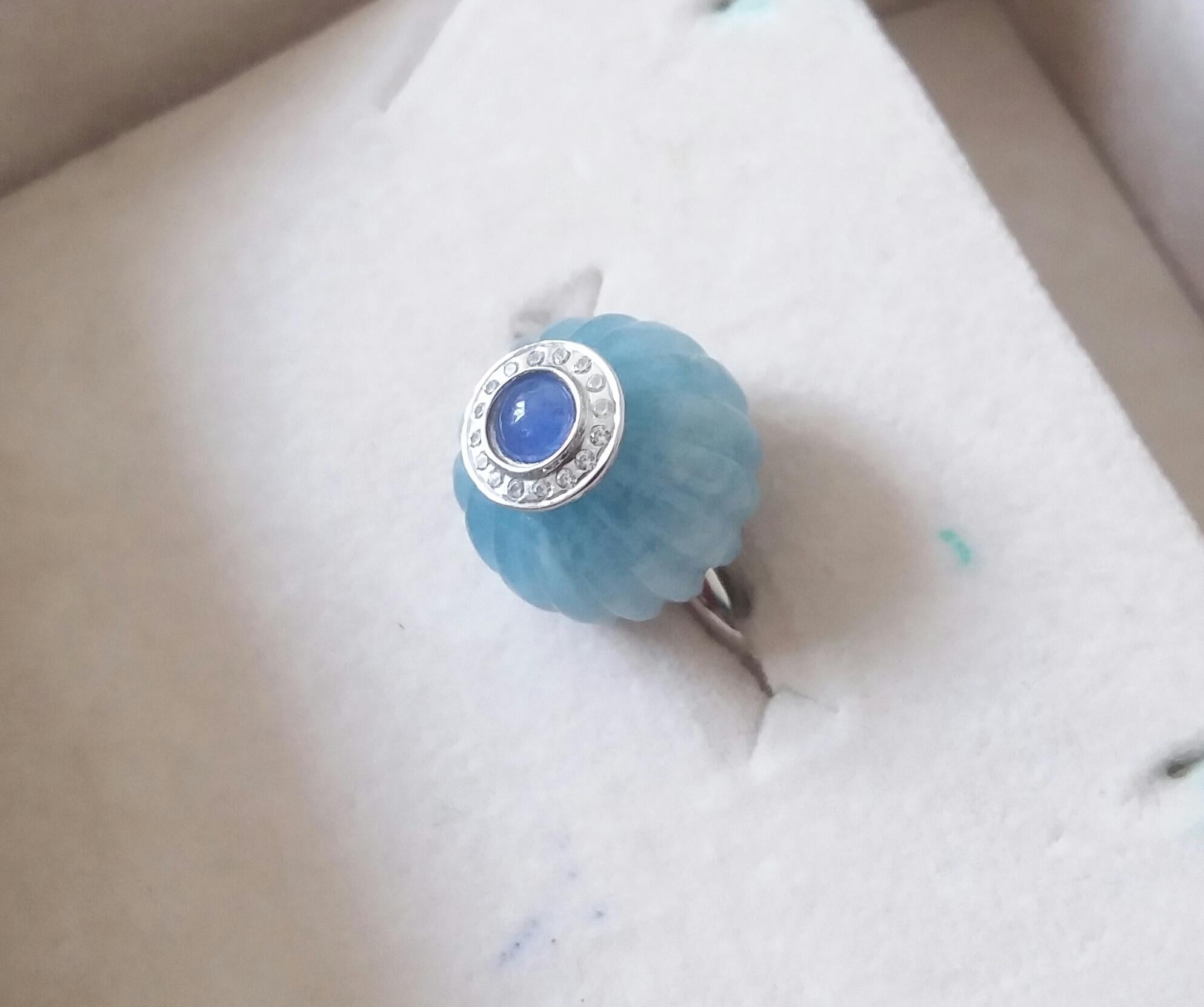 Art Deco Style Aquamarine Carved Ball Blue Sapphire Gold Diamonds Cocktail Ring For Sale 11