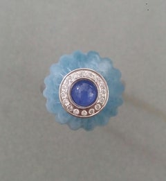 Art Deco Style Aquamarine Carved Ball Blue Sapphire Gold Diamonds Cocktail Ring