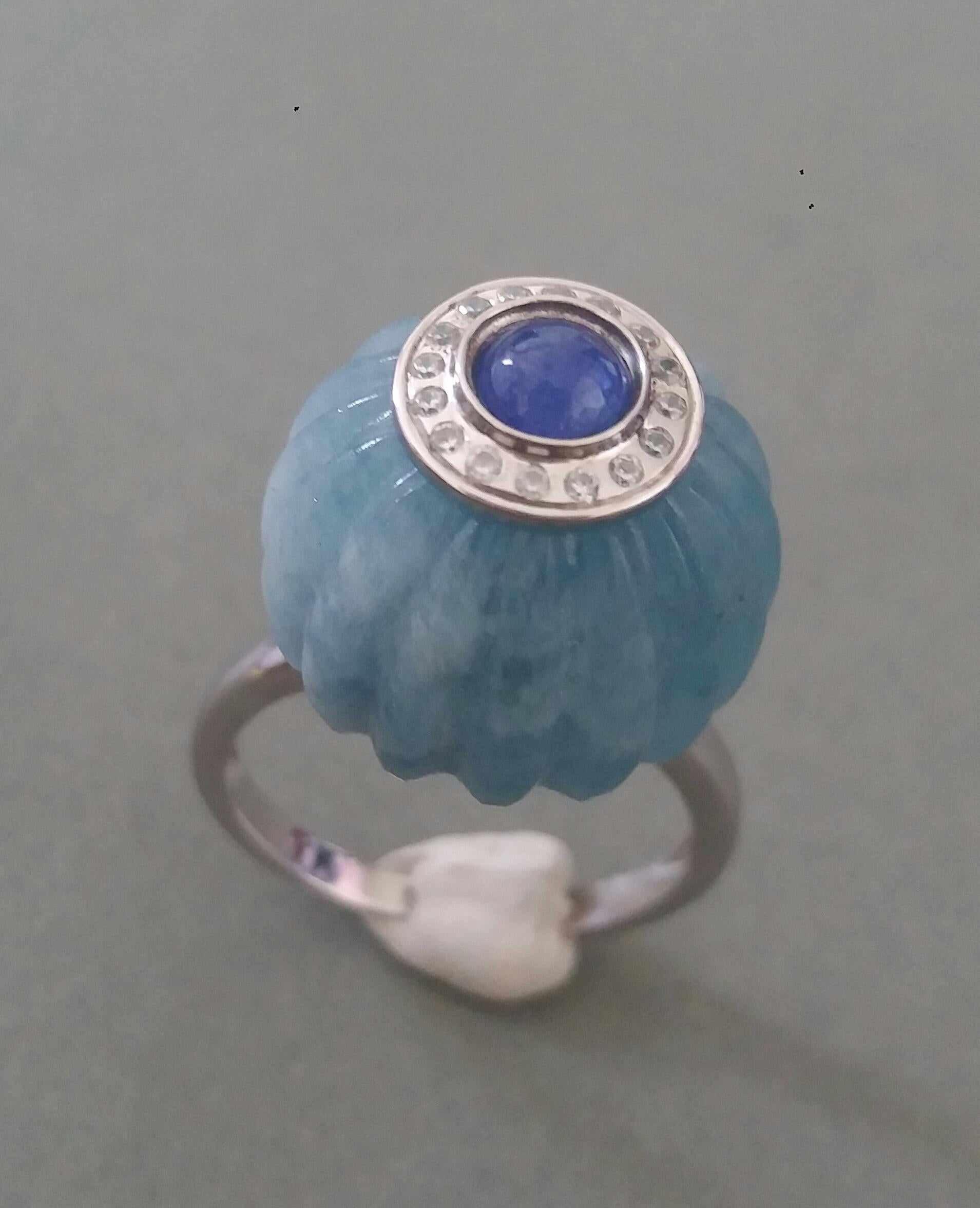 Mixed Cut Art Deco Style Aquamarine Carved Ball Blue Sapphire Gold Diamonds Cocktail Ring For Sale