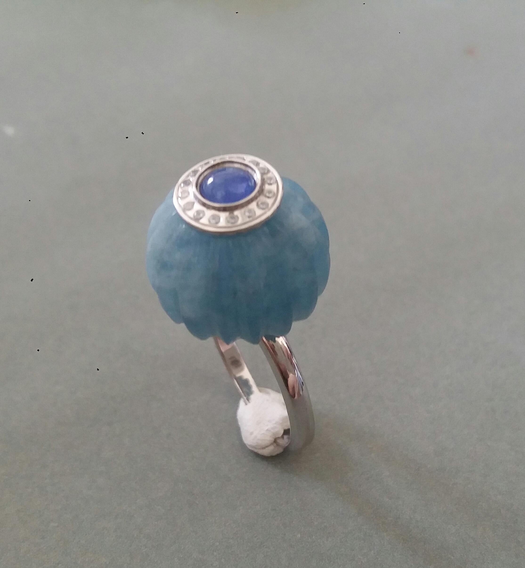 Art Deco Style Aquamarine Carved Ball Blue Sapphire Gold Diamonds Cocktail Ring In Excellent Condition For Sale In Bangkok, TH