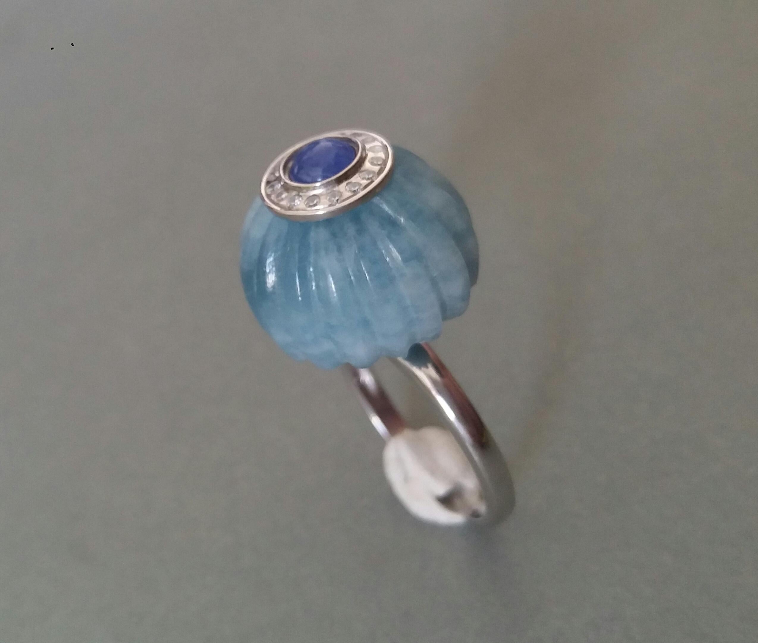 Women's Art Deco Style Aquamarine Carved Ball Blue Sapphire Gold Diamonds Cocktail Ring For Sale