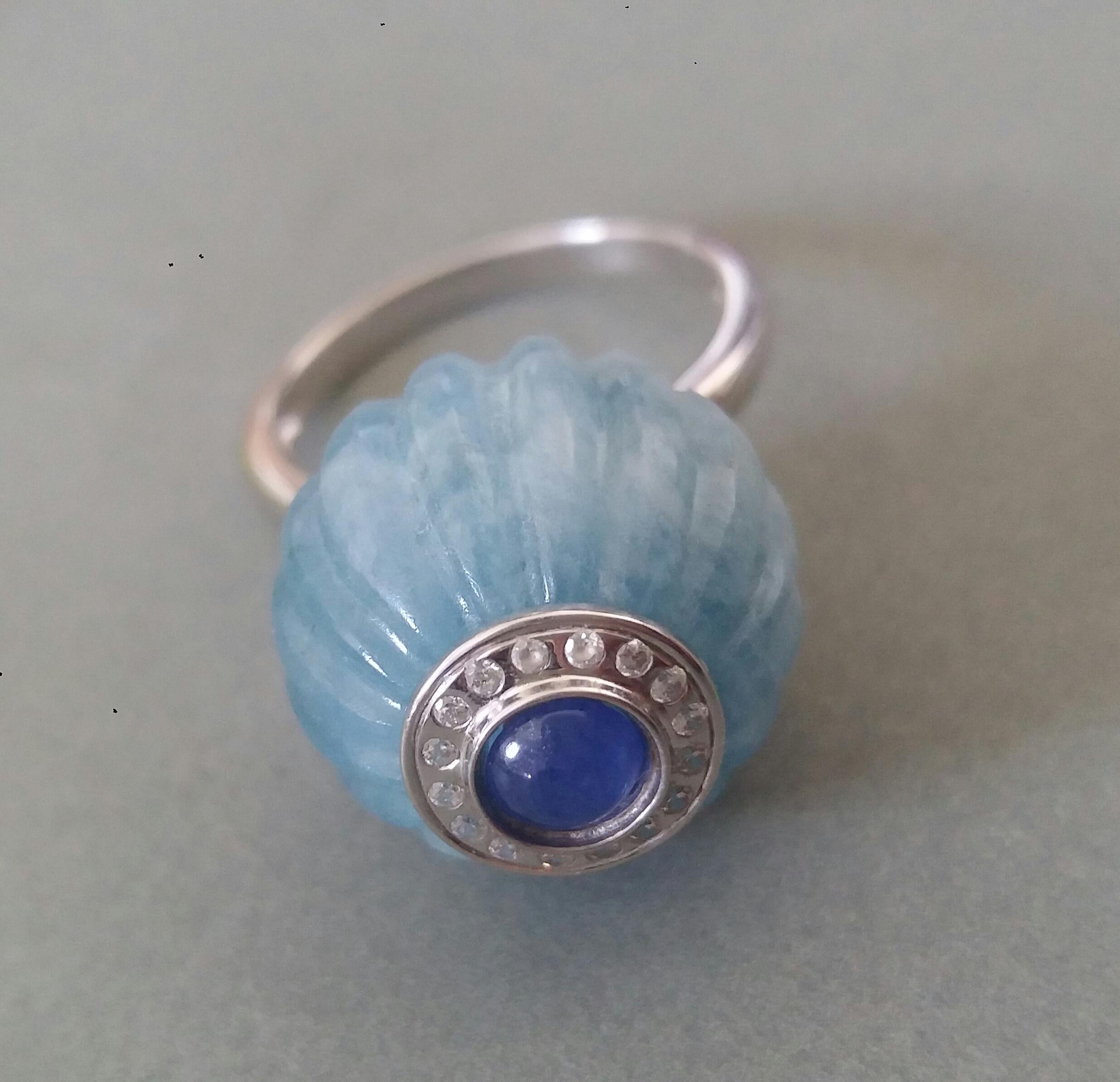 Art Deco Style Aquamarine Carved Ball Blue Sapphire Gold Diamonds Cocktail Ring For Sale 1