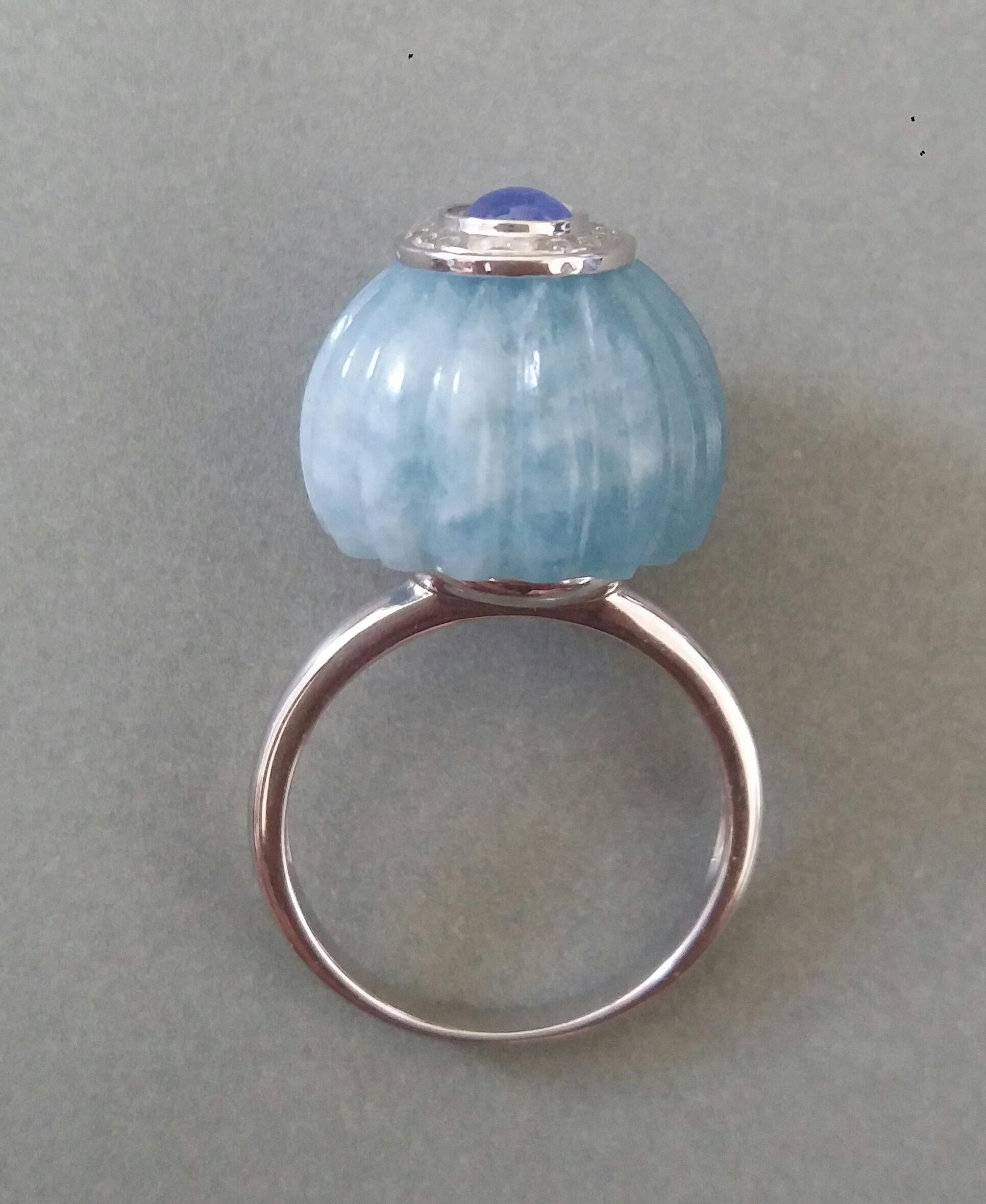 Art Deco Style Aquamarine Carved Ball Blue Sapphire Gold Diamonds Cocktail Ring For Sale 2
