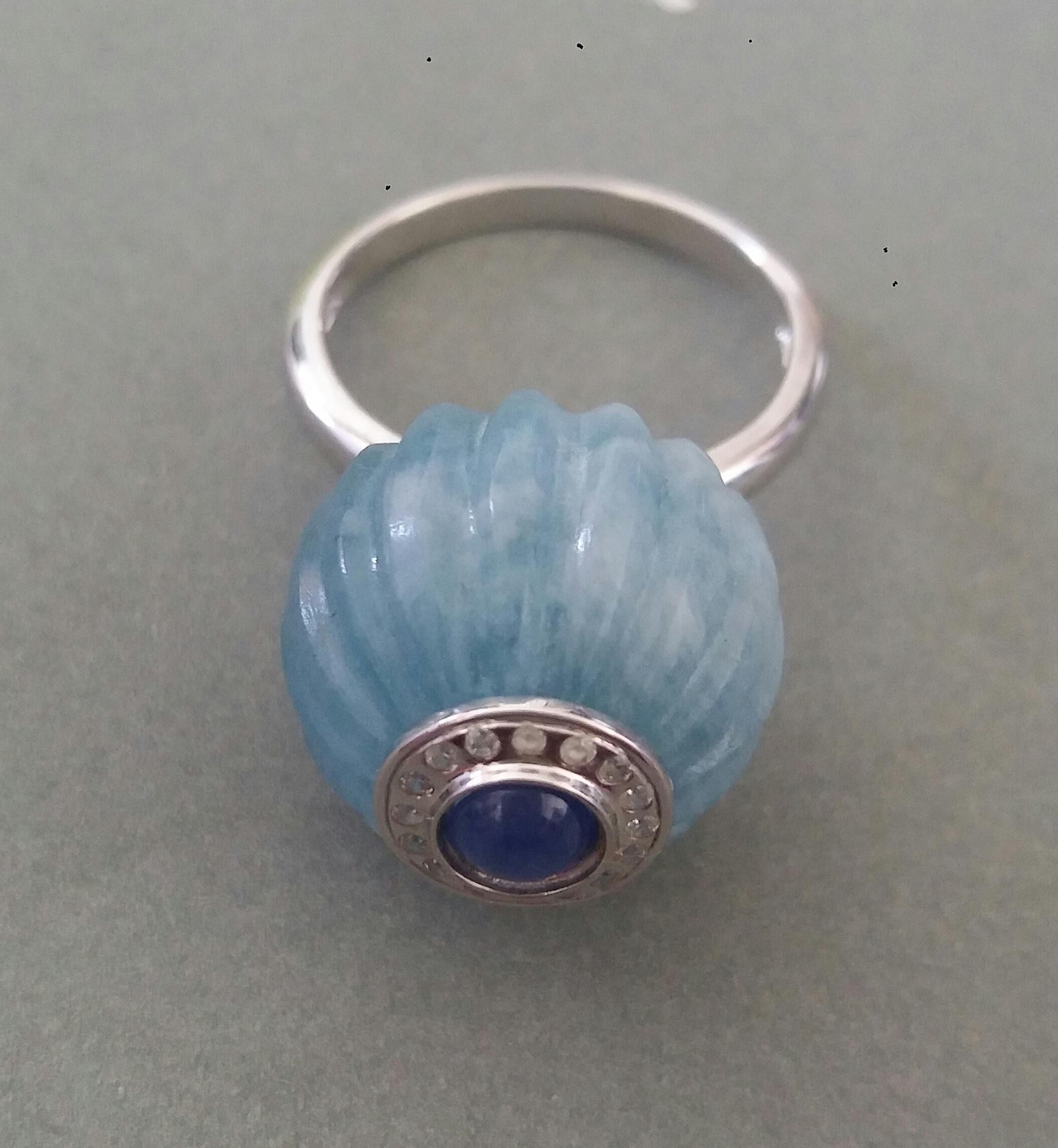 Art Deco Style Aquamarine Carved Ball Blue Sapphire Gold Diamonds Cocktail Ring For Sale 3