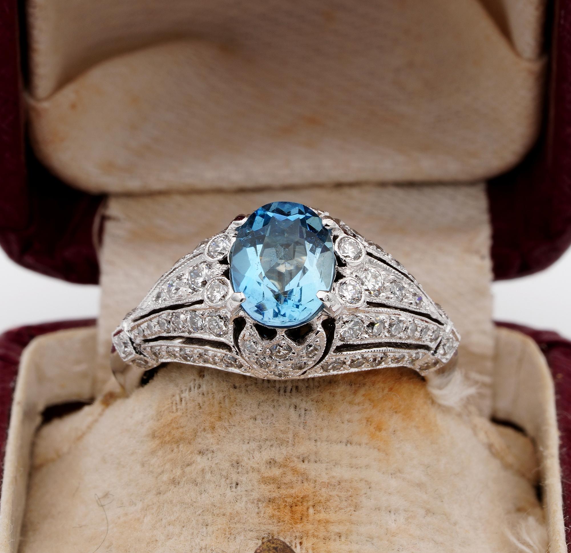 This fantastic Art Deco Style Aquamarine & Diamond ring is mid - century ca.
Prizing an exquisite workmanship hand executed of solid 18 KT gold,
Designed in an unique Art Deco style with a sturdy mount displaying lots of sparkle and glow
Centrally