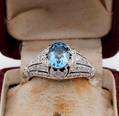 Art Deco Style Aquamarine Diamond 18 Kt Ring