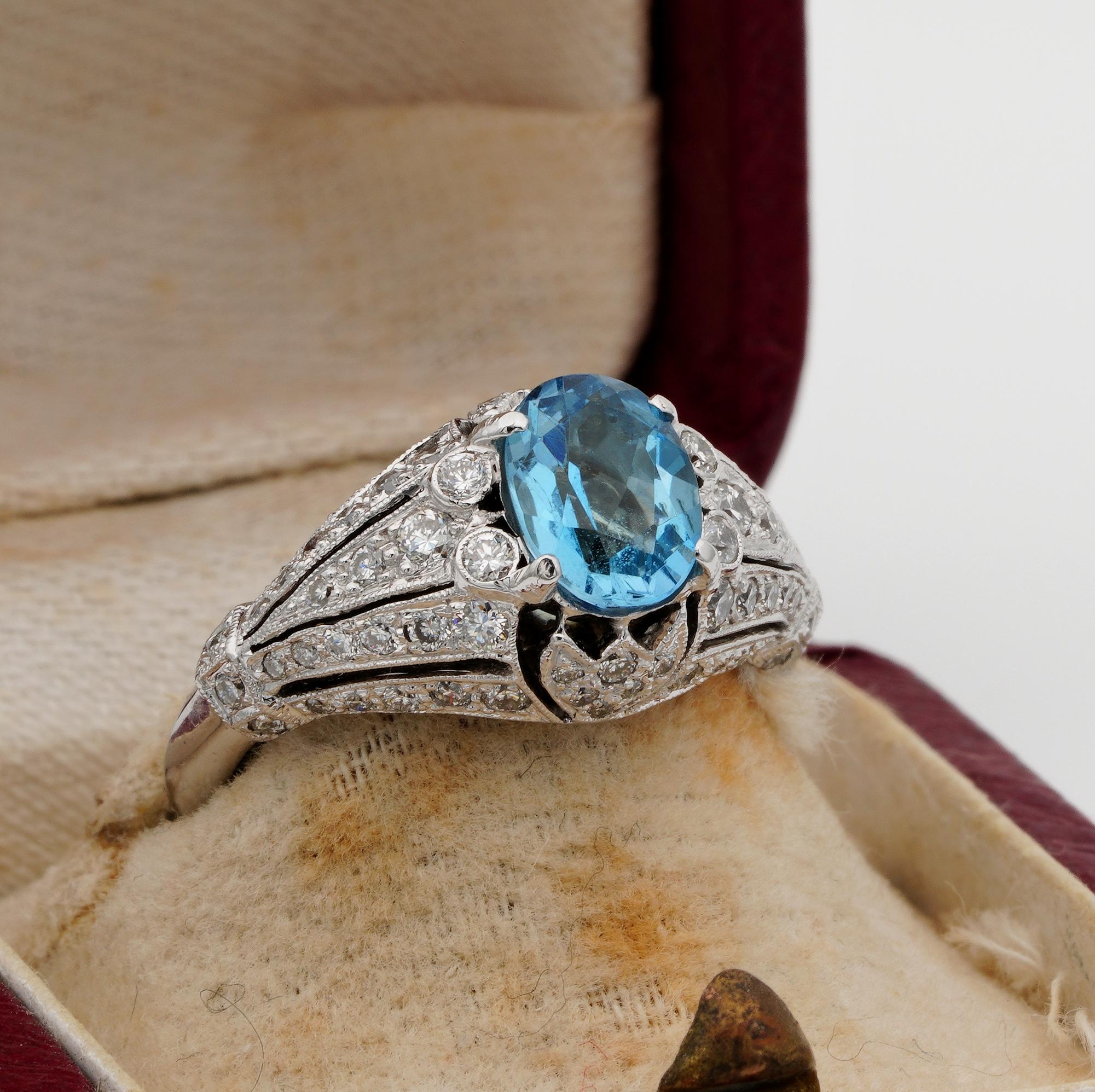 Oval Cut Art Deco Style Aquamarine Diamond 18 Kt Ring For Sale
