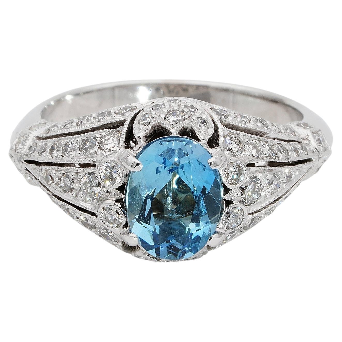 Art Deco Style Aquamarine Diamond 18 Kt Ring For Sale