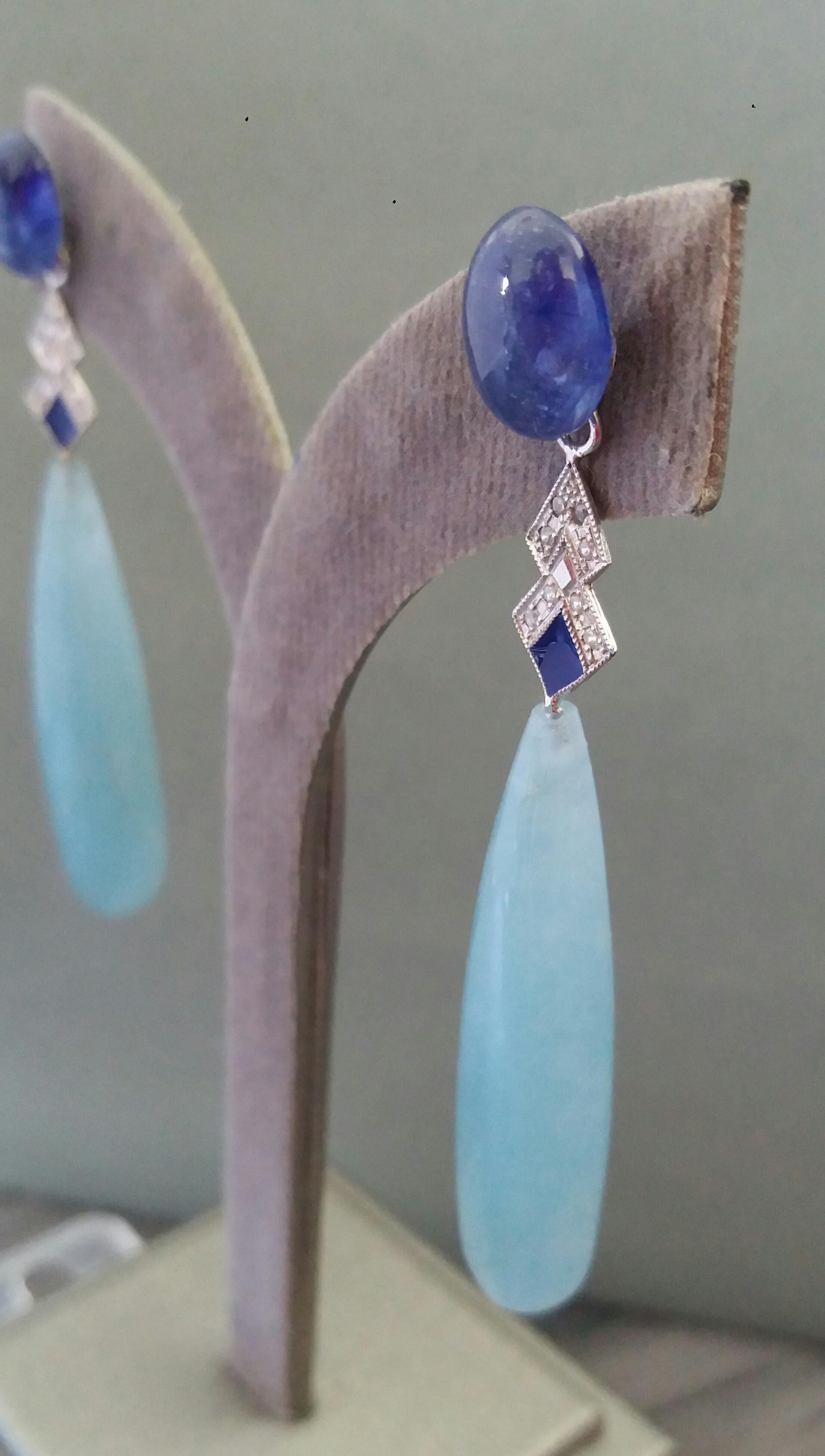 Art Deco Style Aquamarine Gold Diamonds Blue Sapphire Blue Enamel Drops Earrings For Sale 5