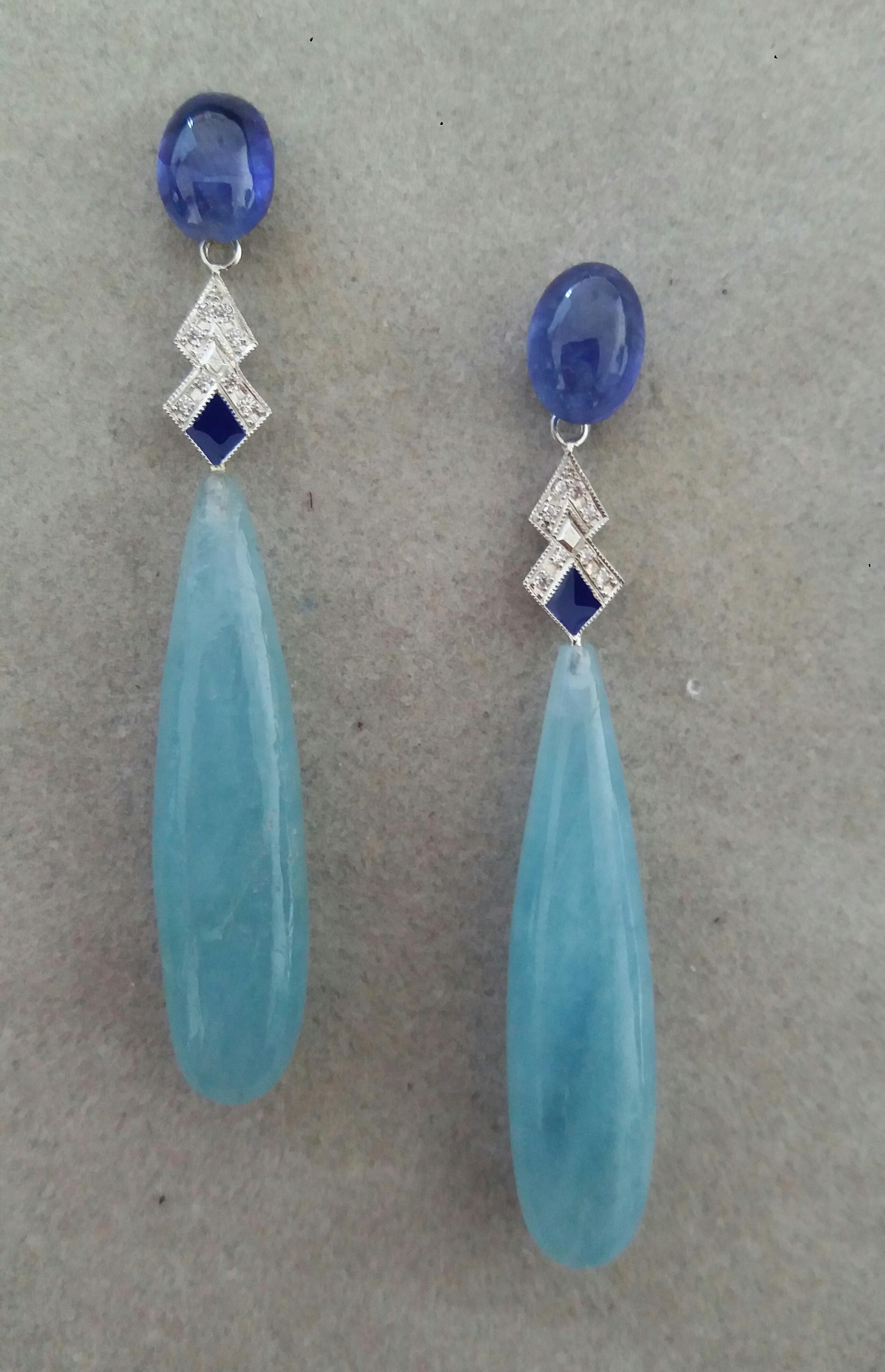 Mixed Cut Art Deco Style Aquamarine Gold Diamonds Blue Sapphire Blue Enamel Drops Earrings
