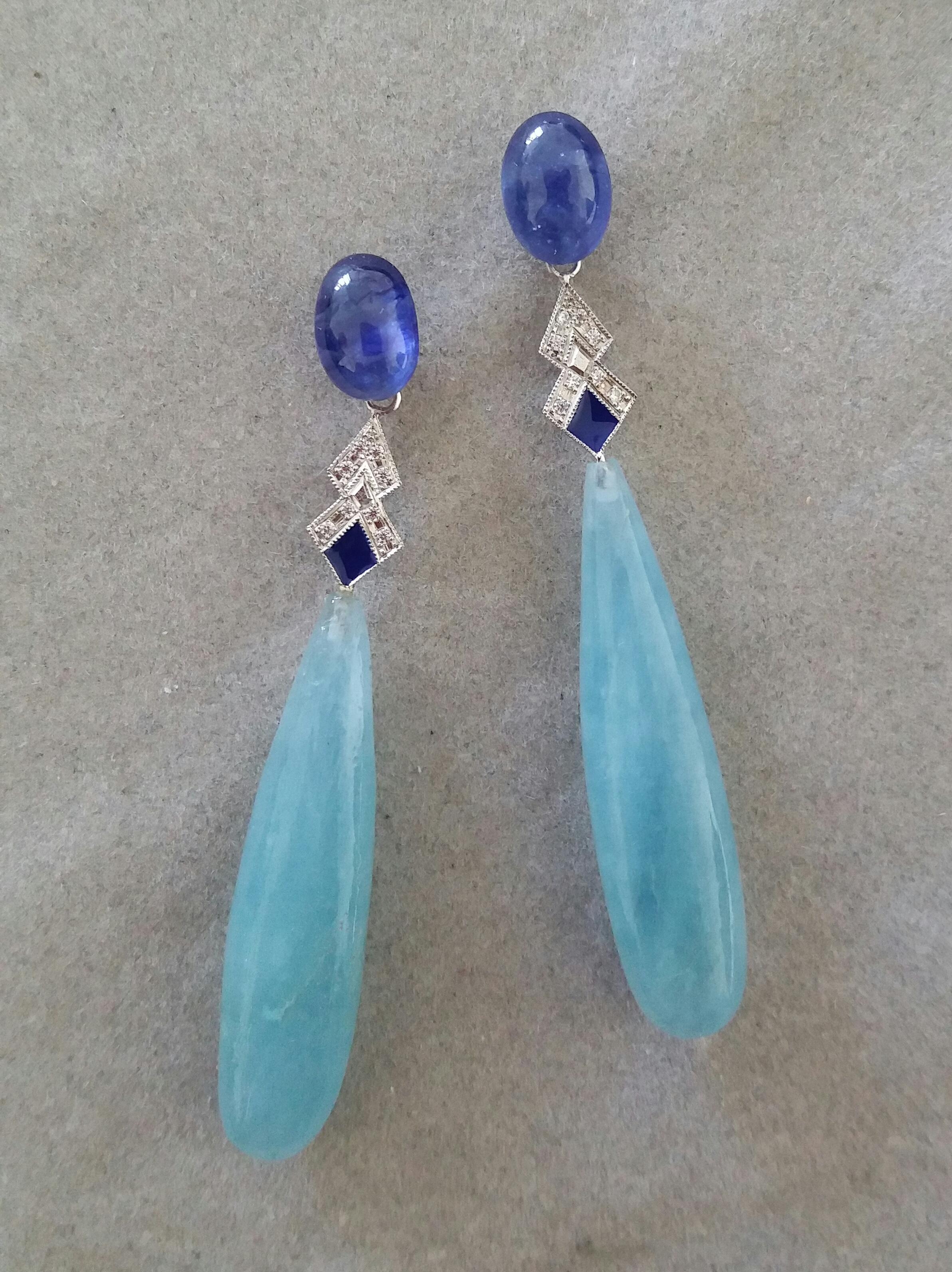Art Deco Style Aquamarine Gold Diamonds Blue Sapphire Blue Enamel Drops Earrings In Good Condition For Sale In Bangkok, TH