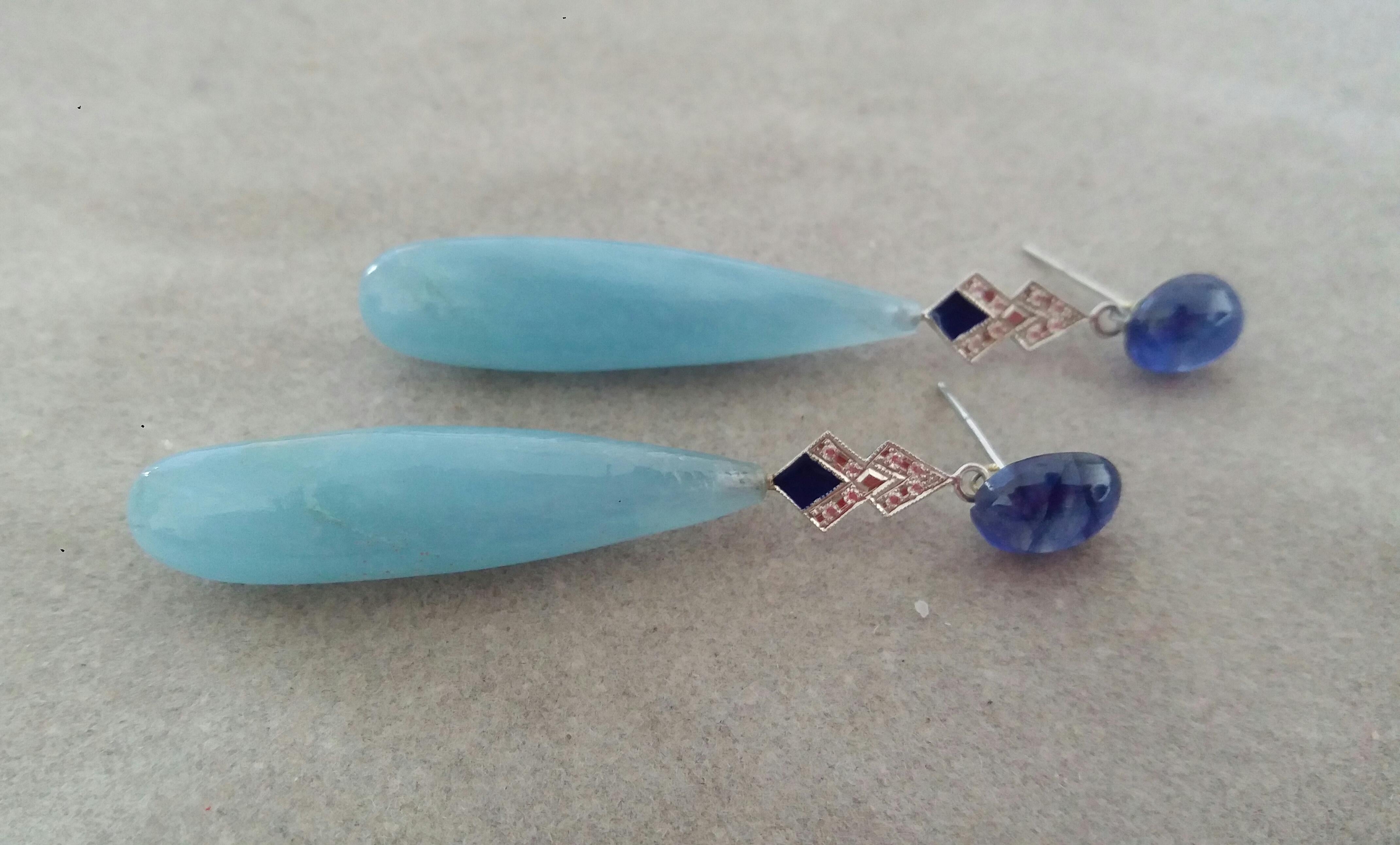 Women's or Men's Art Deco Style Aquamarine Gold Diamonds Blue Sapphire Blue Enamel Drops Earrings For Sale