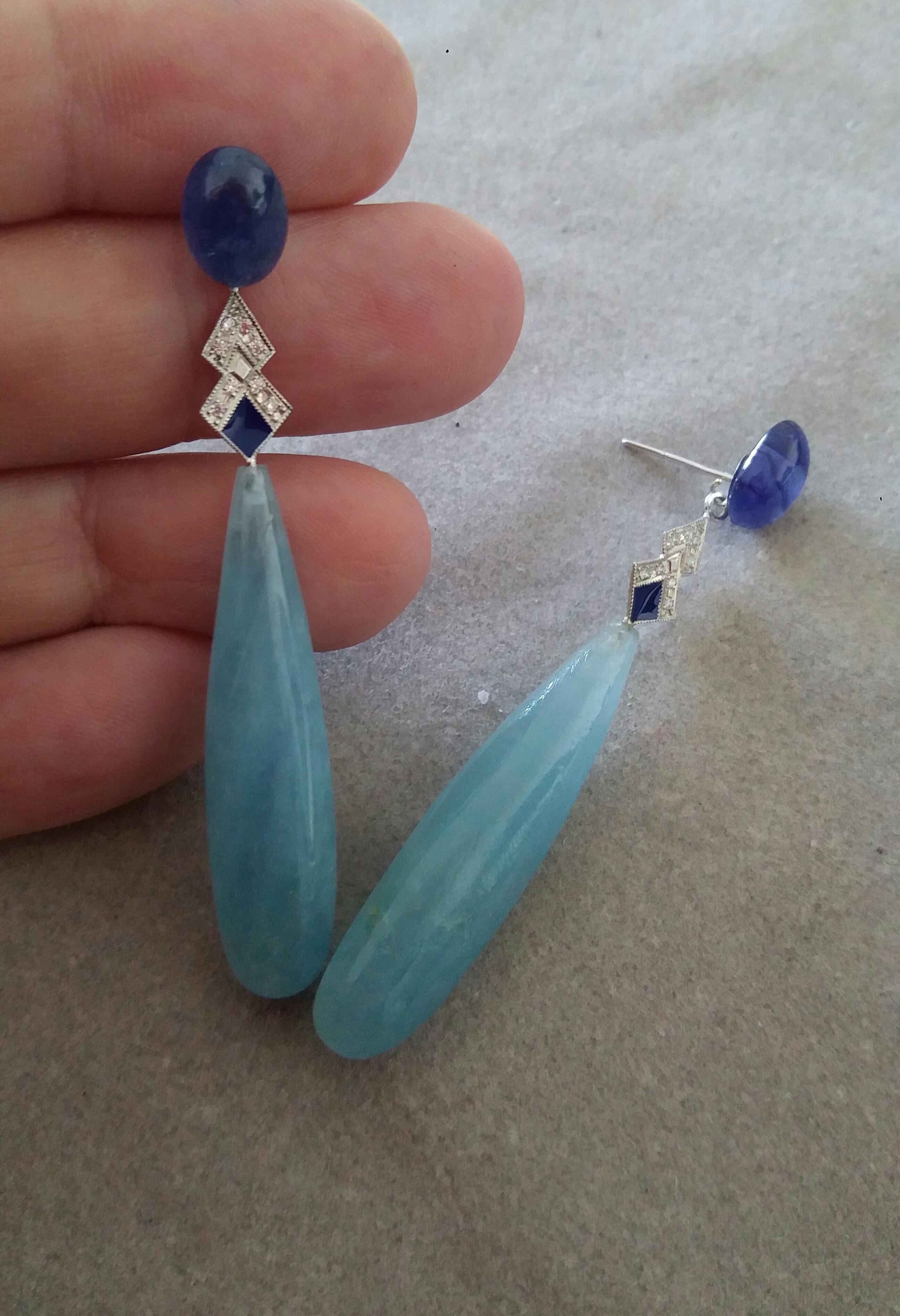 Art Deco Style Aquamarine Gold Diamonds Blue Sapphire Blue Enamel Drops Earrings For Sale 1