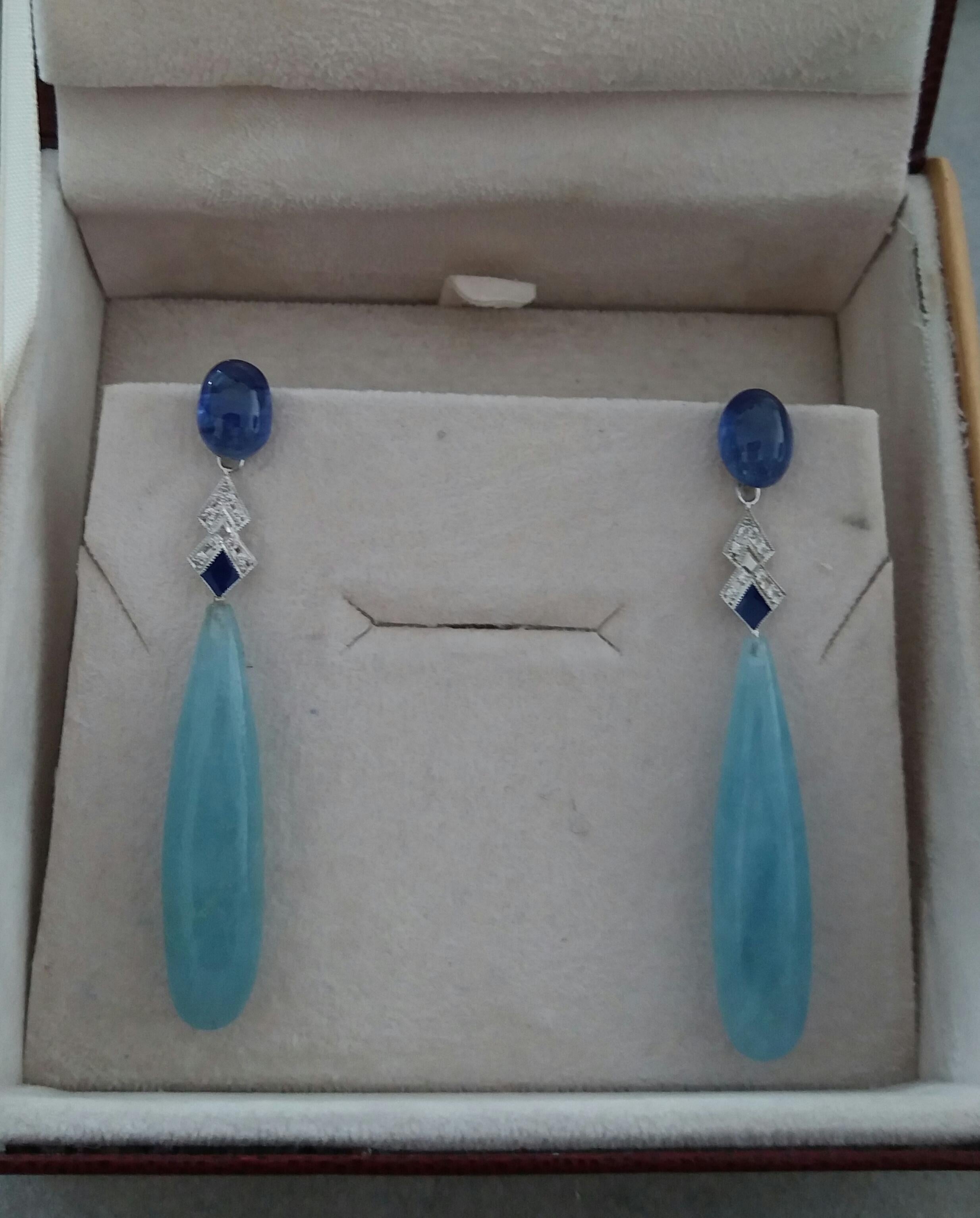 Art Deco Style Aquamarine Gold Diamonds Blue Sapphire Blue Enamel Drops Earrings For Sale 2