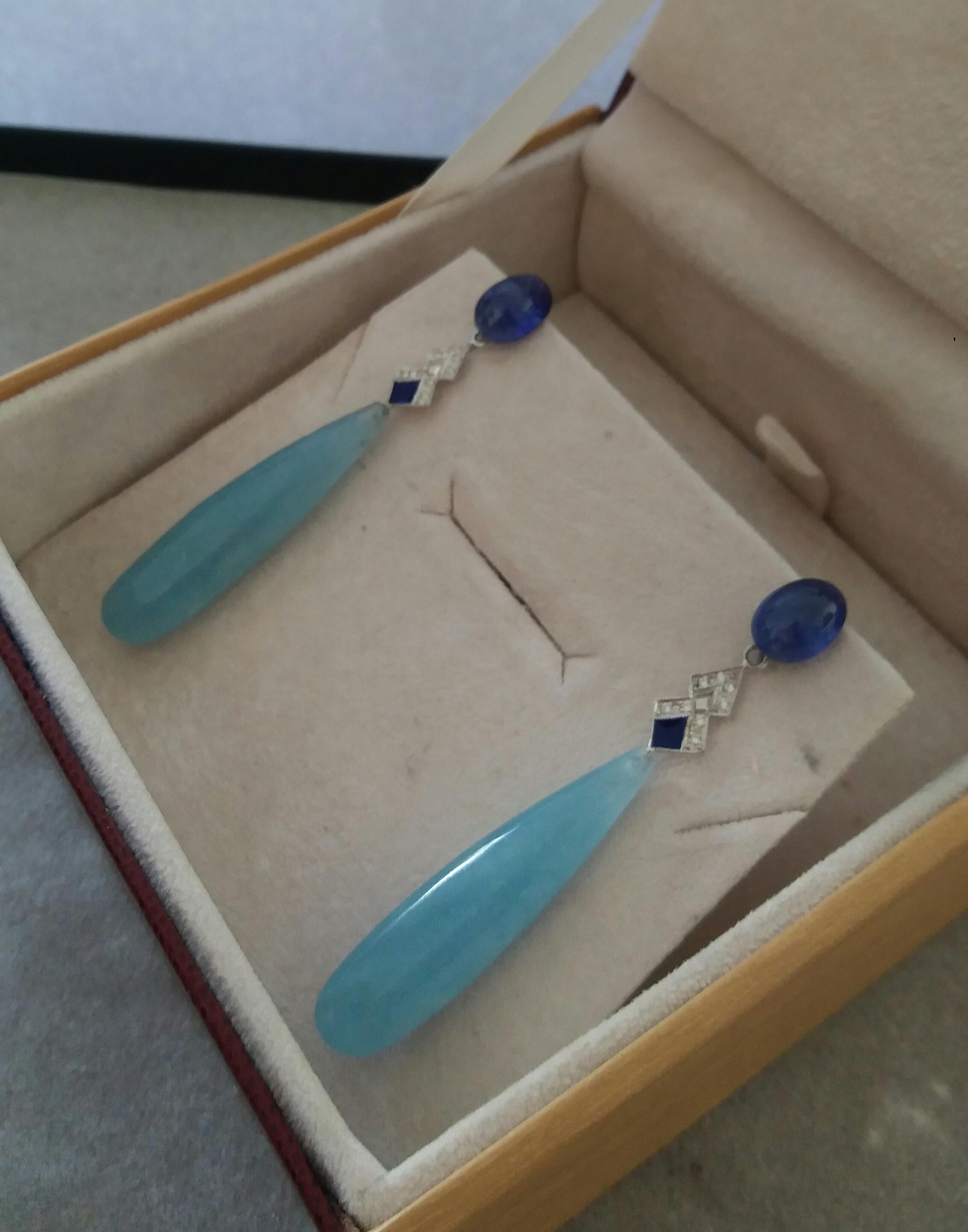 Art Deco Style Aquamarine Gold Diamonds Blue Sapphire Blue Enamel Drops Earrings For Sale 3