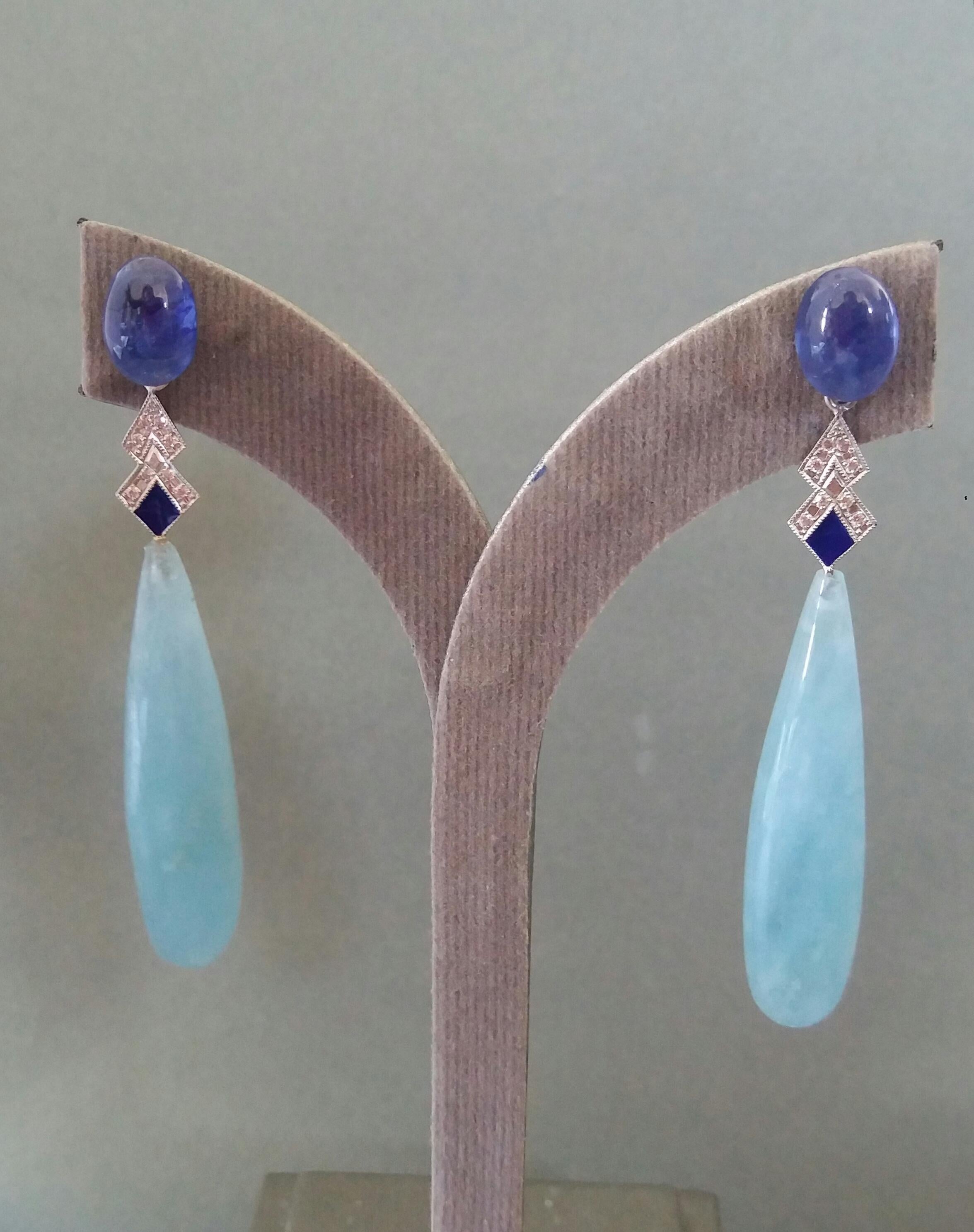 Art Deco Style Aquamarine Gold Diamonds Blue Sapphire Blue Enamel Drops Earrings For Sale 4