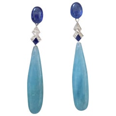 Art Deco Style Aquamarine Gold Diamonds Blue Sapphire Blue Enamel Drops Earrings