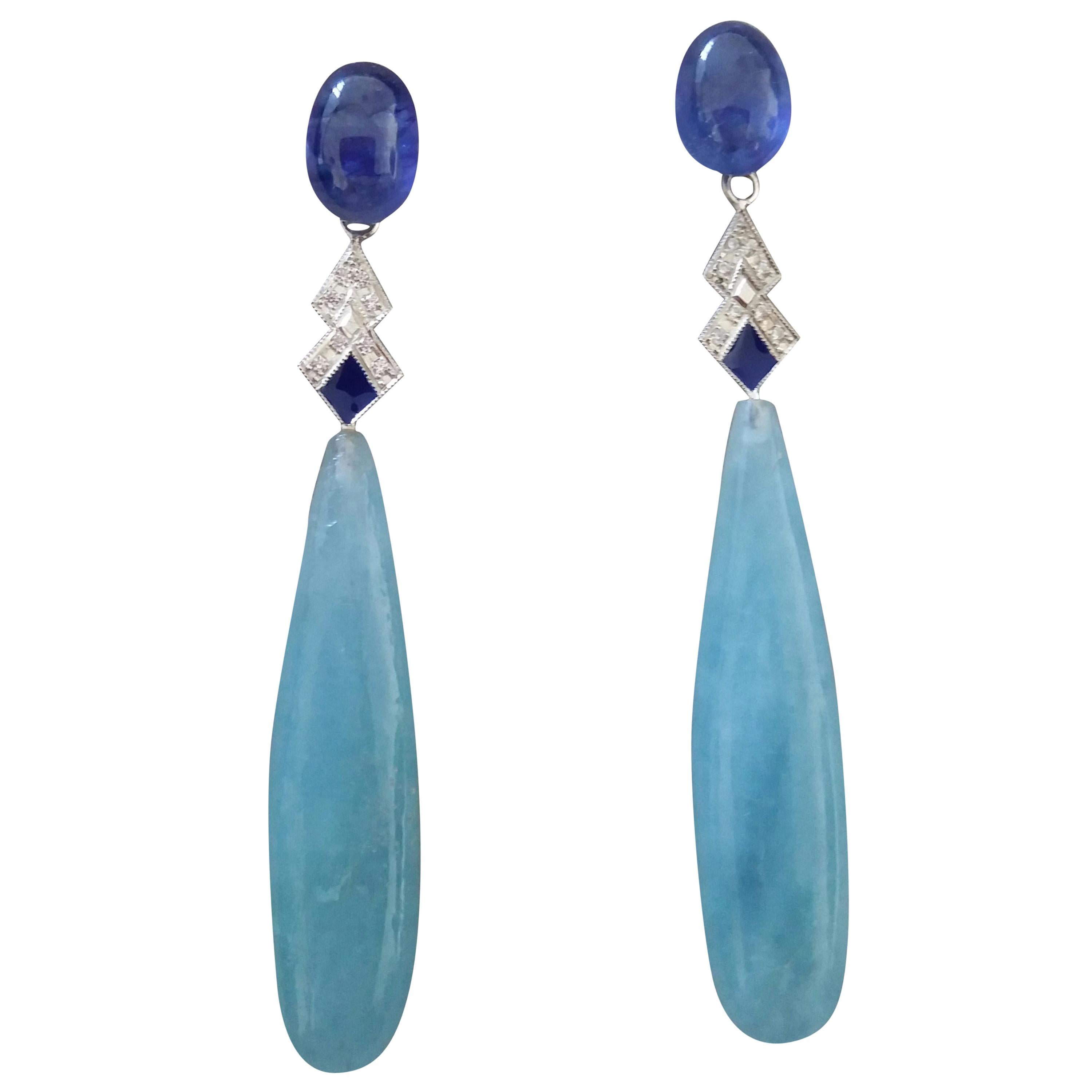 Art Deco Style Aquamarine Gold Diamonds Blue Sapphire Blue Enamel Drops Earrings For Sale