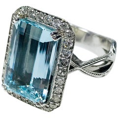 Custom Aquamarine Diamond Cocktail Ring, 6.72 Carat