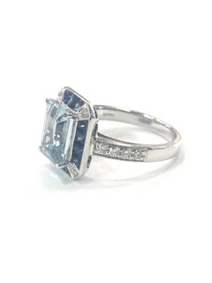 Art Deco Style Aquamarine, Sapphire and Diamond Cluster Cocktail Ring