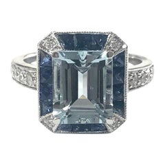 Retro Art Deco Style Aquamarine, Sapphire and Diamond Cluster Cocktail Ring