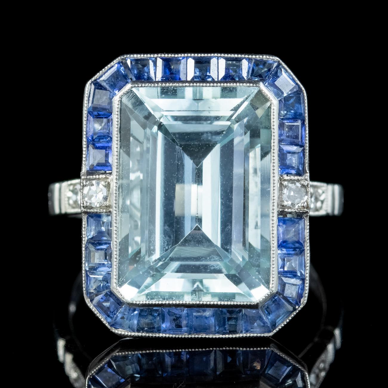 Emerald Cut Art Deco Style Aquamarine Sapphire Diamond Cocktail Ring 7.29ct Aqua For Sale