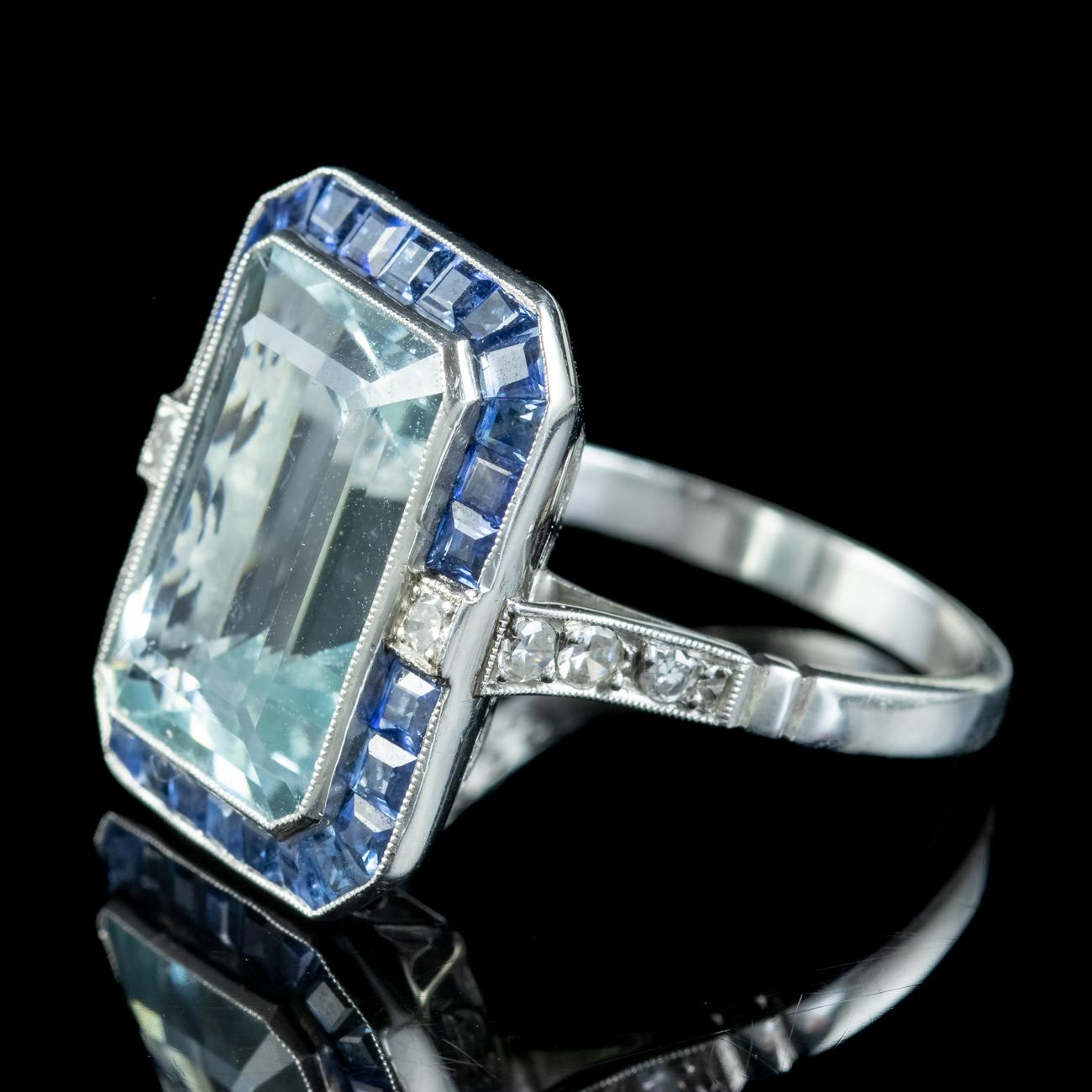 Art Deco Style Aquamarine Sapphire Diamond Cocktail Ring 7.29ct Aqua In Good Condition For Sale In Kendal, GB