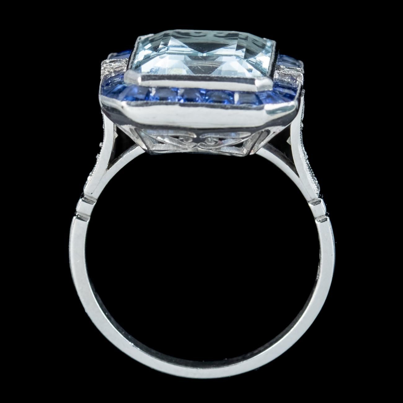 Art Deco Style Aquamarine Sapphire Diamond Cocktail Ring 7.29ct Aqua For Sale 2