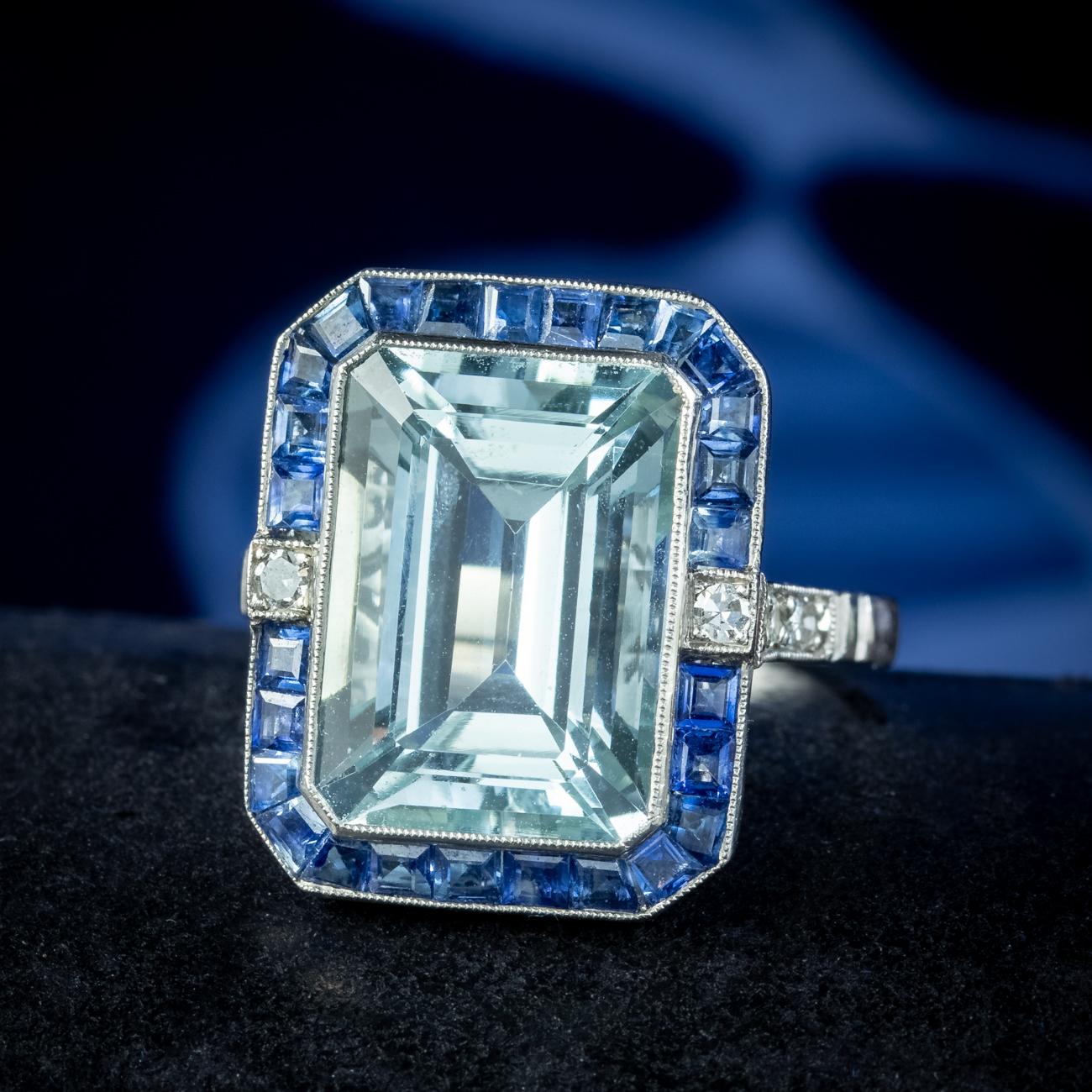 Art Deco Style Aquamarine Sapphire Diamond Cocktail Ring 7.29ct Aqua For Sale 4