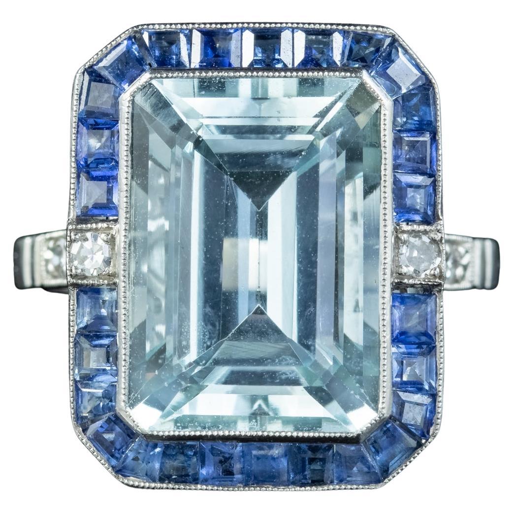 Art Deco Style Aquamarine Sapphire Diamond Cocktail Ring 7.29ct Aqua For Sale