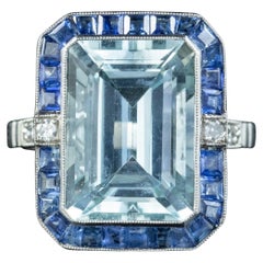 Antique Art Deco Style Aquamarine Sapphire Diamond Cocktail Ring 7.29ct Aqua