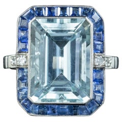 Art Deco Style Aquamarine Sapphire Diamond Cocktail Ring 7.29ct Aqua