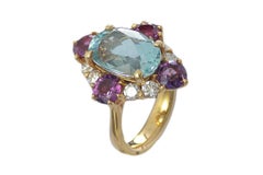 Art Deco Style Aquamarine Violet Sapphire and Diamond Cluster Ring
