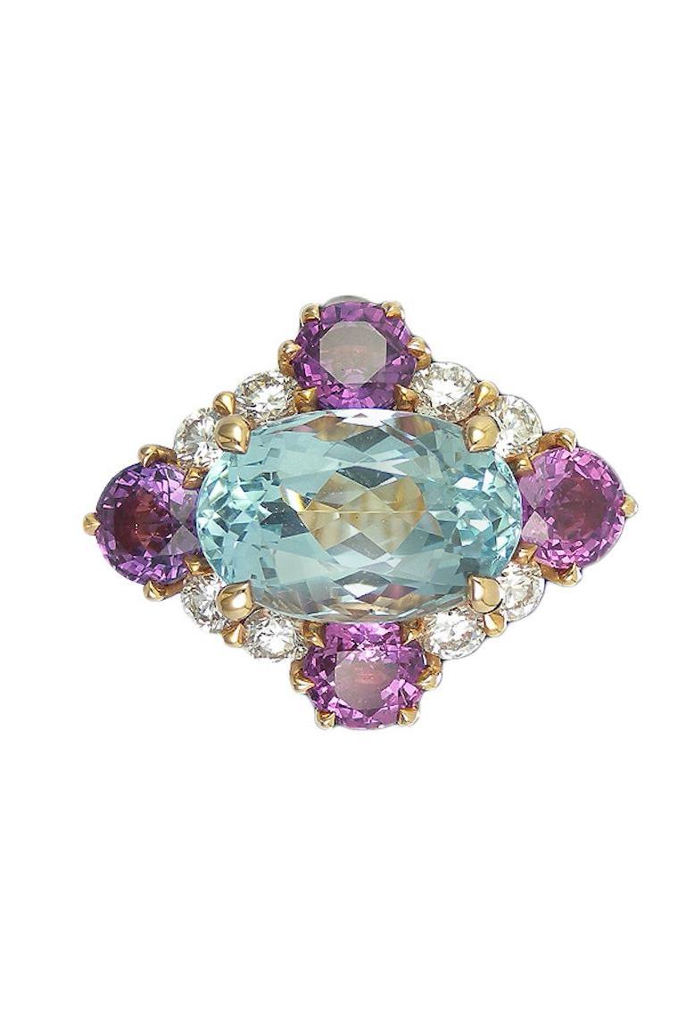 Round Cut Art Deco Style Aquamarine Violet Sapphire and Diamond Cluster Ring For Sale