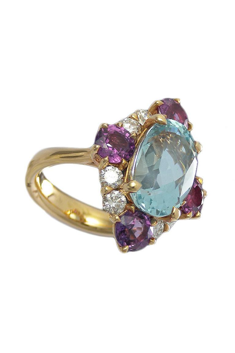 Women's Art Deco Style Aquamarine Violet Sapphire and Diamond Cluster Ring For Sale