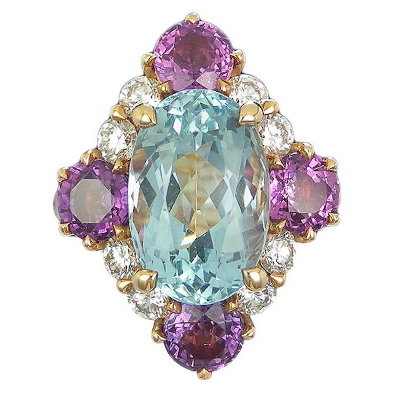 Art Deco Style Aquamarine Violet Sapphire and Diamond Cluster Ring For Sale