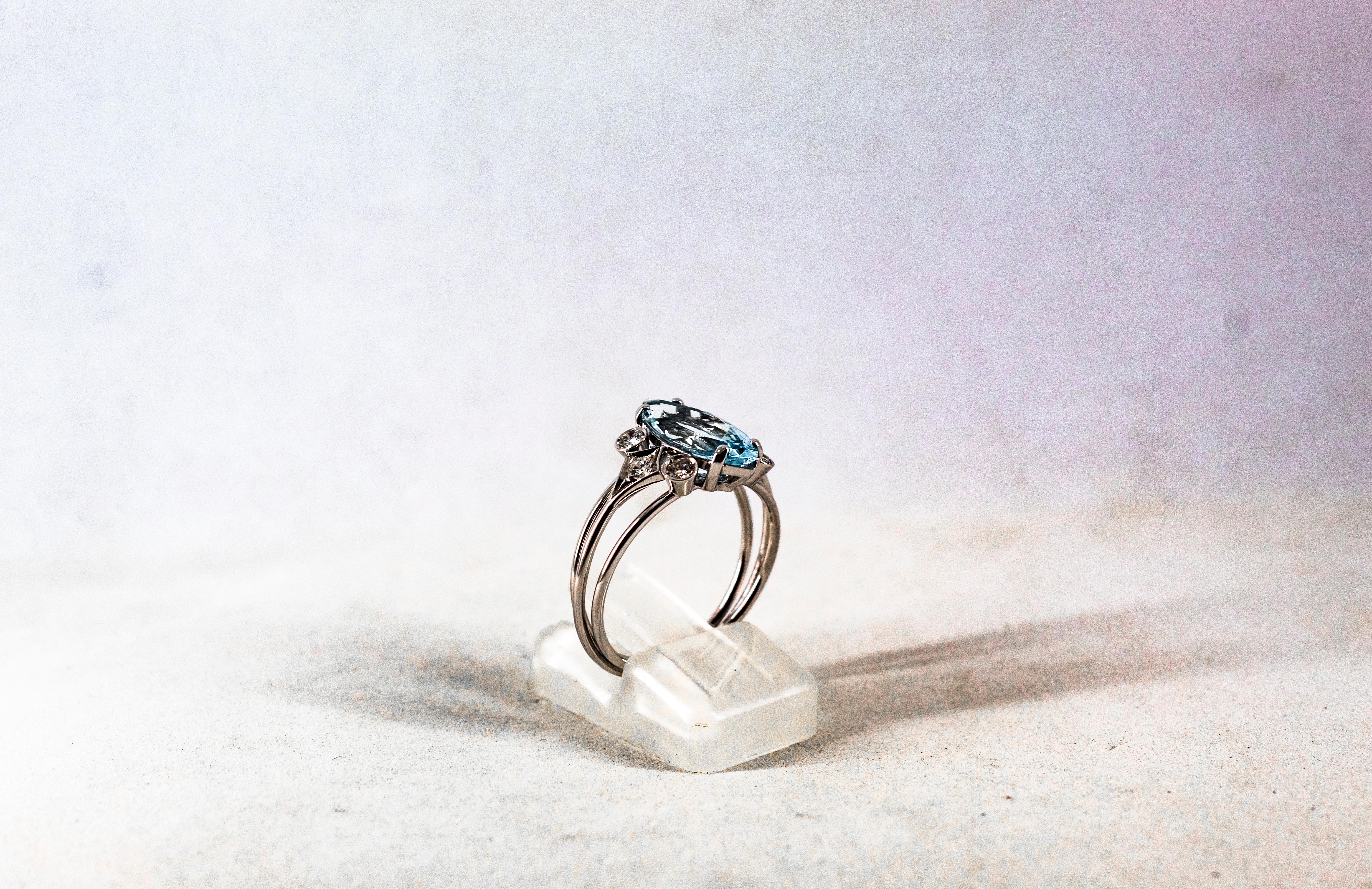 Art Deco Style Aquamarine White Brilliant Cut Diamond White Gold Cocktail Ring 6