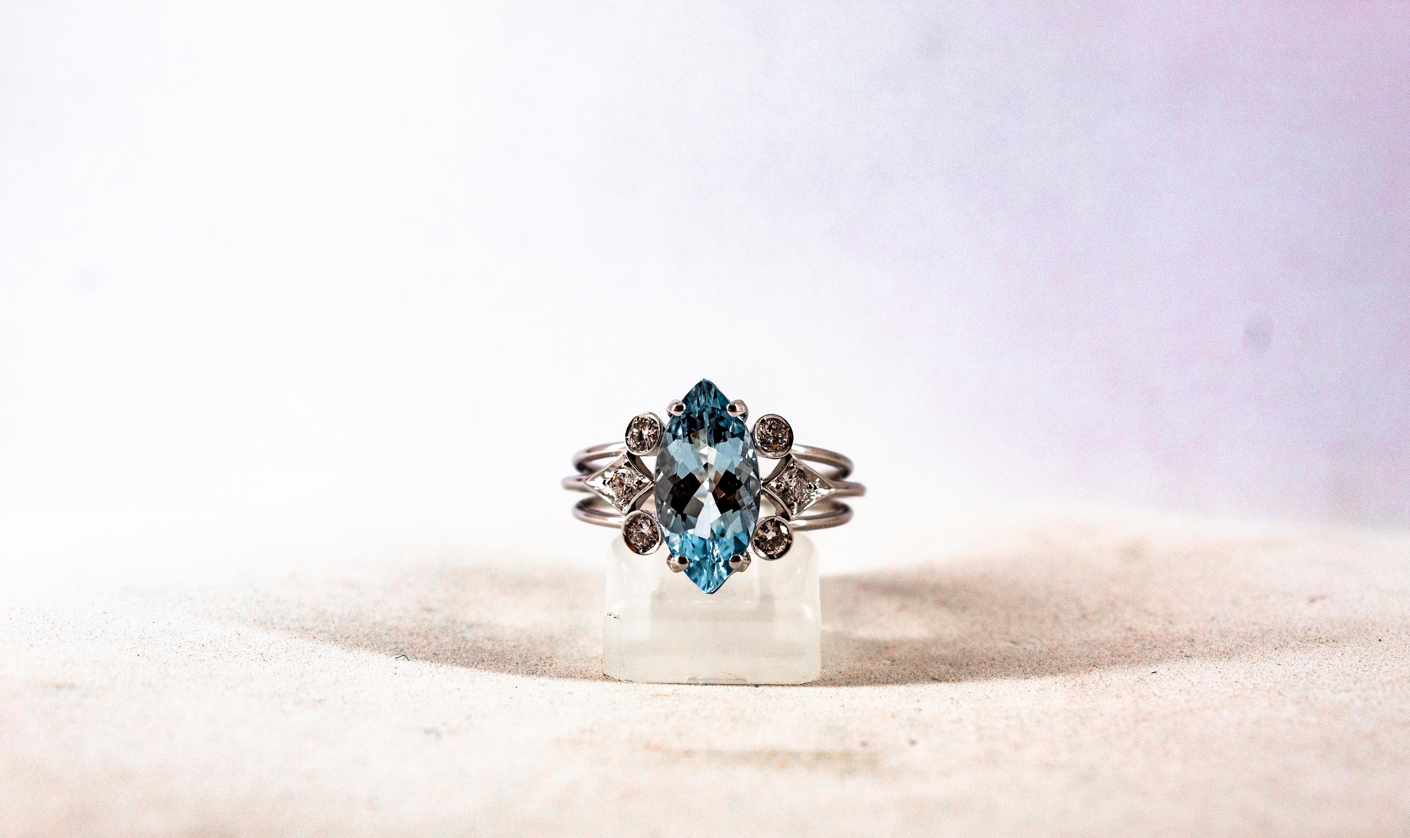 Art Deco Style Aquamarine White Brilliant Cut Diamond White Gold Cocktail Ring 7