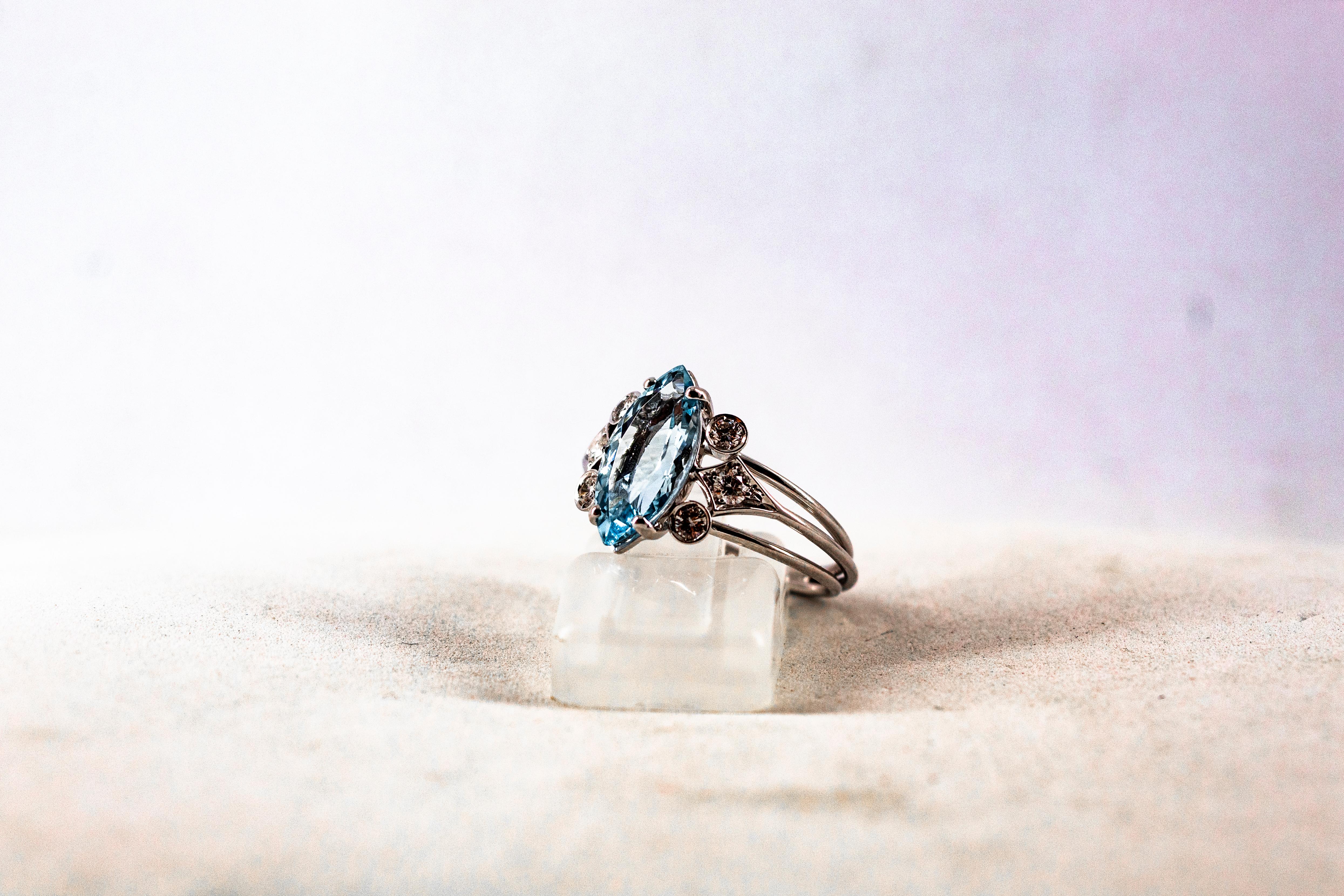 Art Deco Style Aquamarine White Brilliant Cut Diamond White Gold Cocktail Ring 8