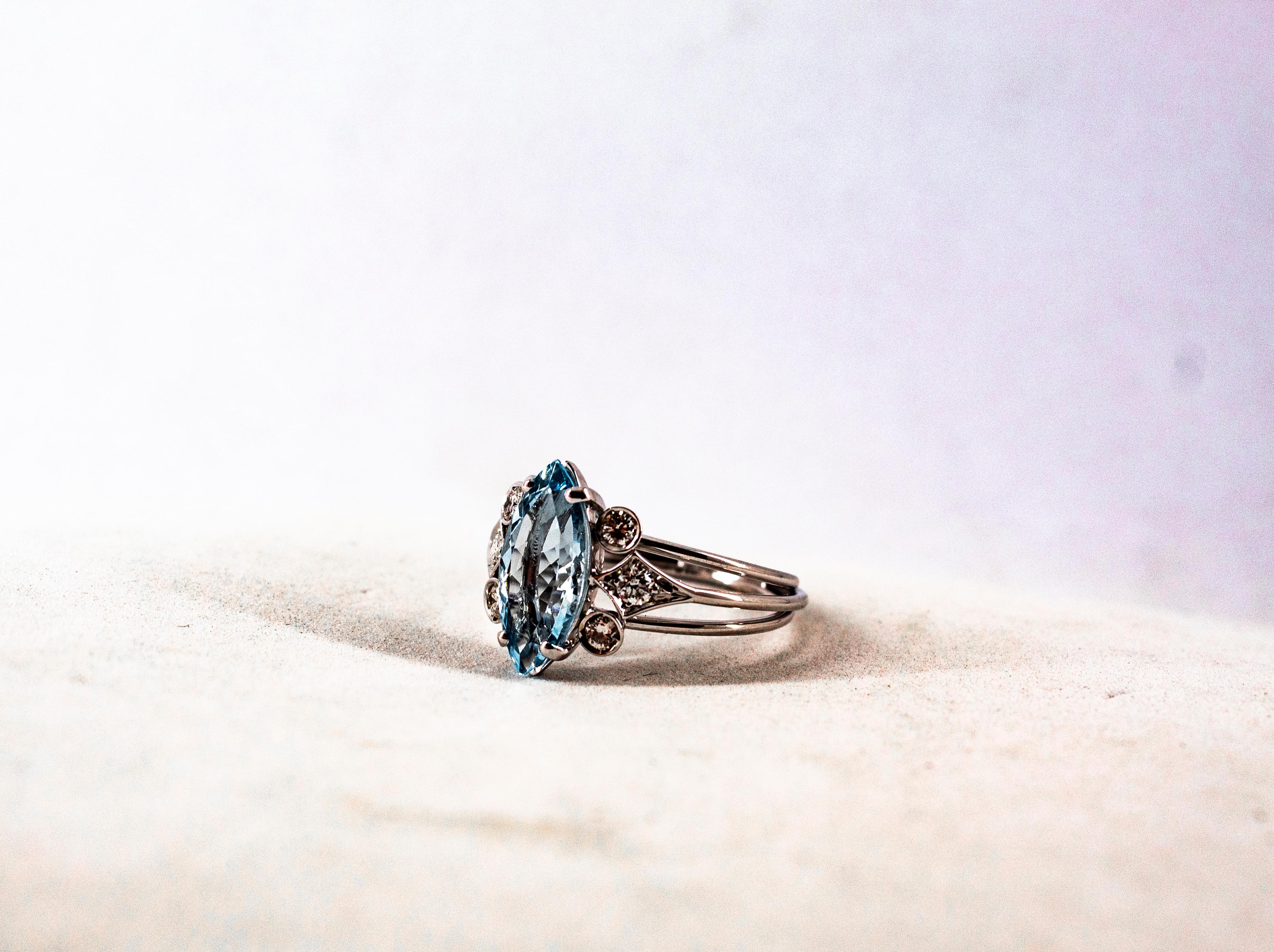 Art Deco Style Aquamarine White Brilliant Cut Diamond White Gold Cocktail Ring 9