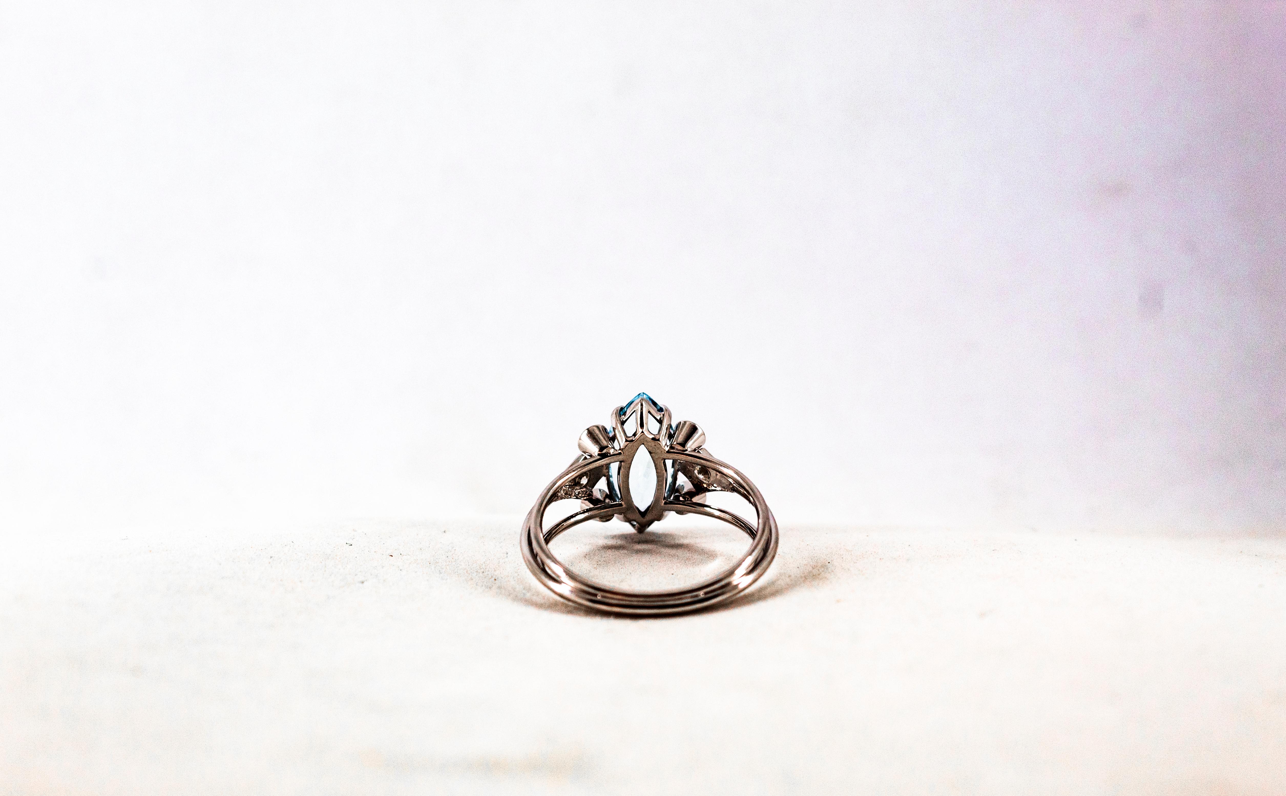 Art Deco Style Aquamarine White Brilliant Cut Diamond White Gold Cocktail Ring 10