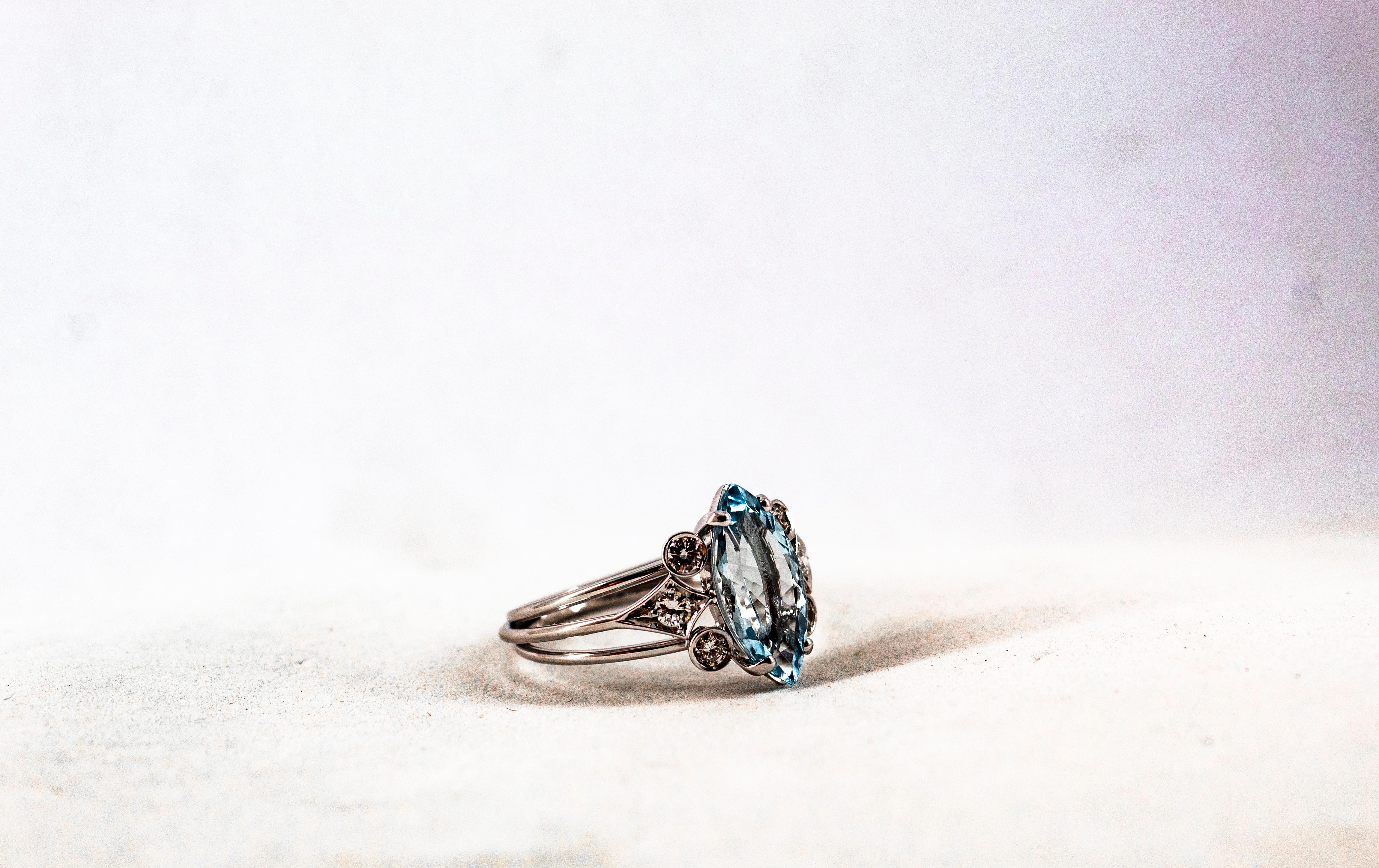 Art Deco Style Aquamarine White Brilliant Cut Diamond White Gold Cocktail Ring For Sale 11