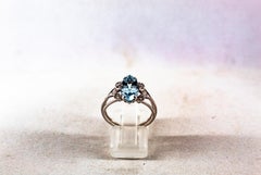 Art Deco Style Aquamarine White Brilliant Cut Diamond White Gold Cocktail Ring