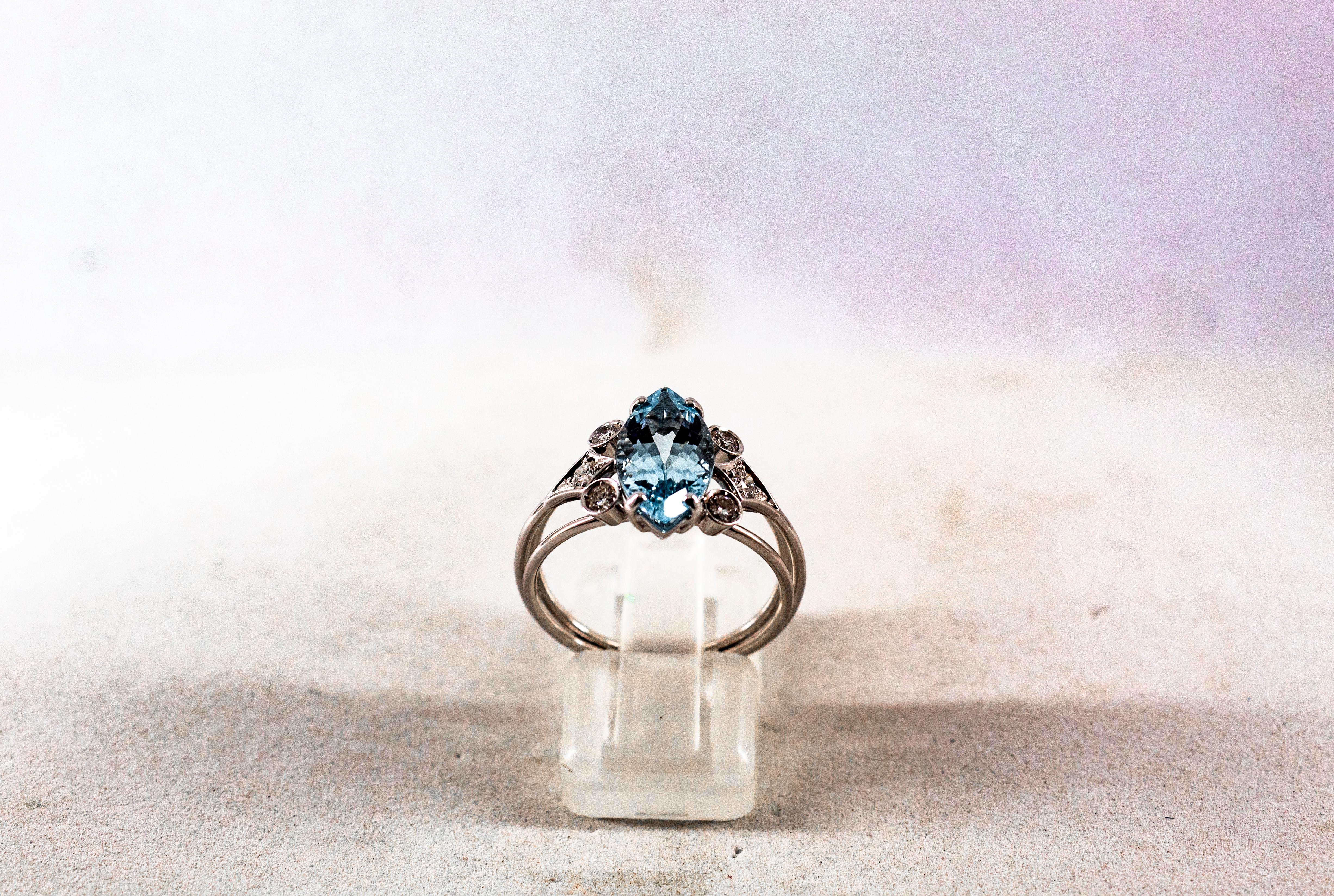 Art Deco Style Aquamarine White Brilliant Cut Diamond White Gold Cocktail Ring In New Condition In Naples, IT