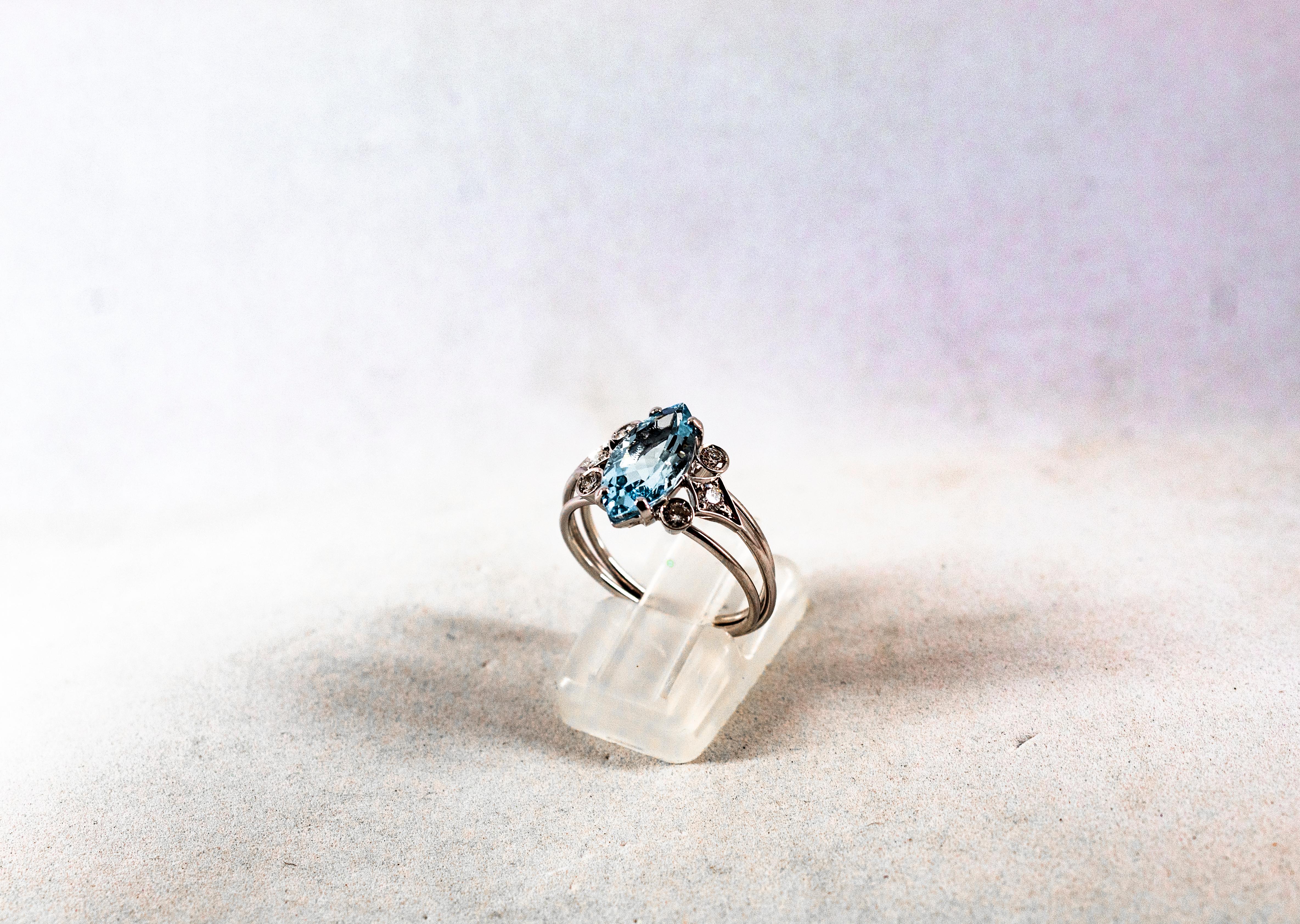 Women's or Men's Art Deco Style Aquamarine White Brilliant Cut Diamond White Gold Cocktail Ring