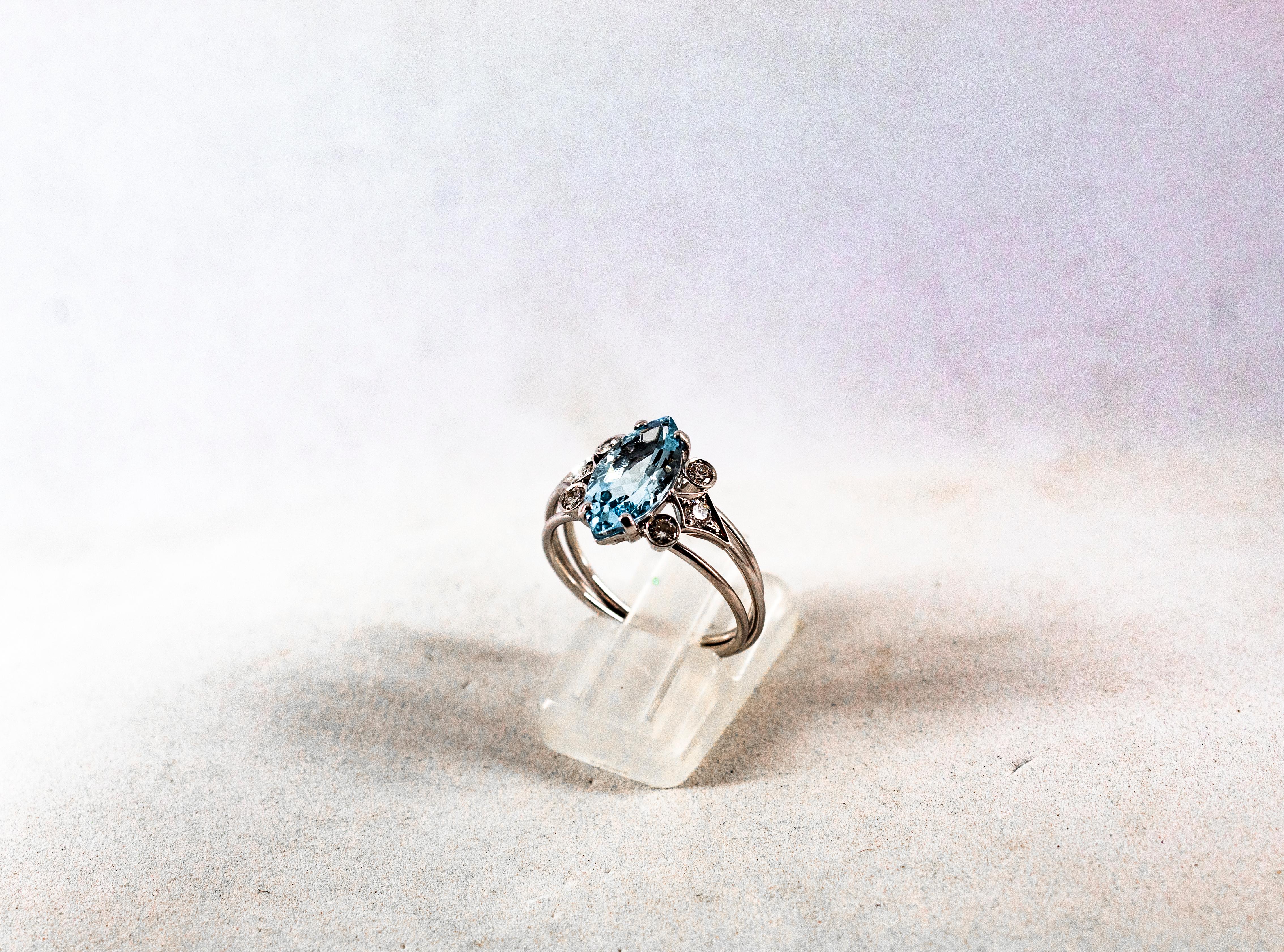 Art Deco Style Aquamarine White Brilliant Cut Diamond White Gold Cocktail Ring 1